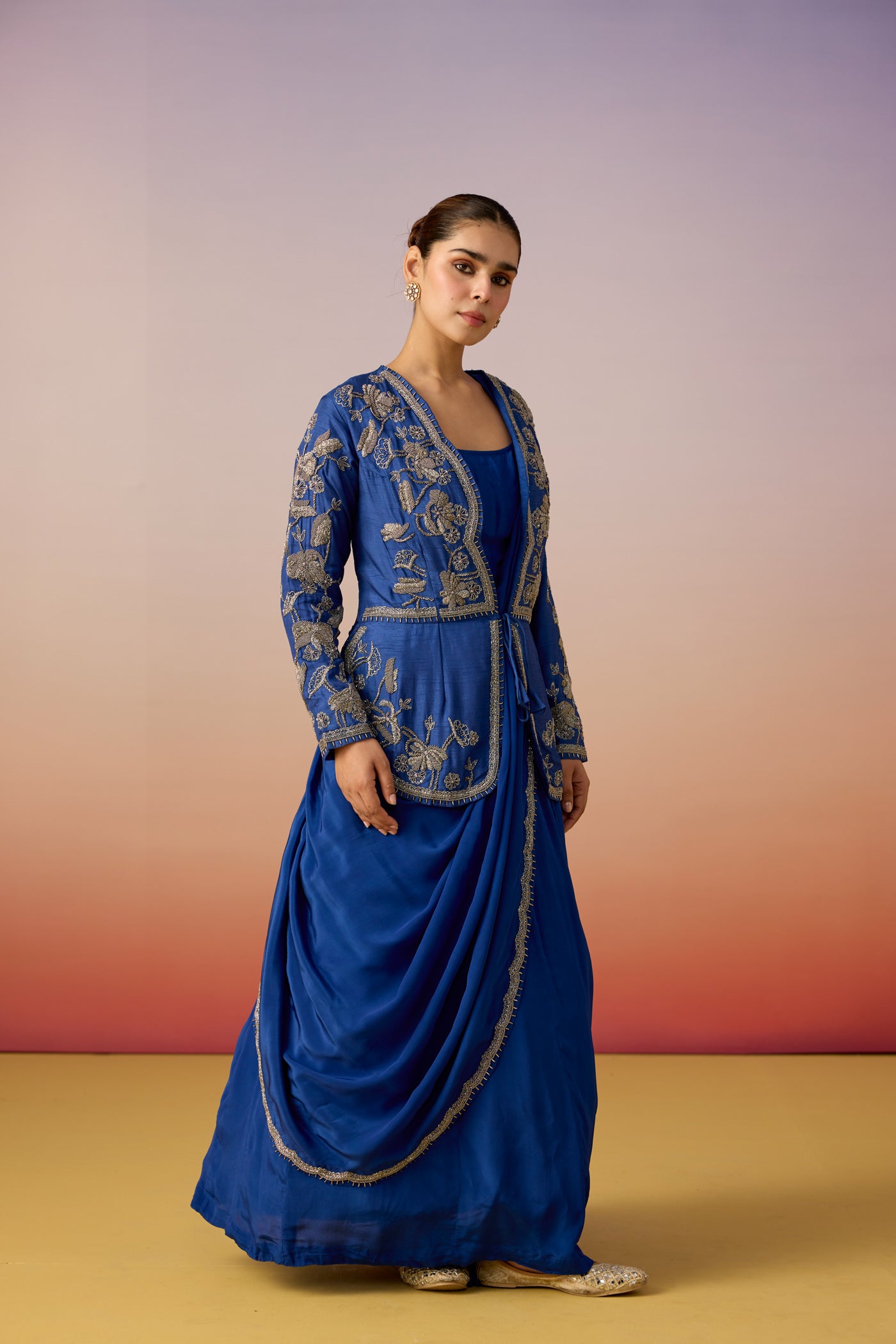 Royal Blue Embellished Raw Silk Anarkali Set