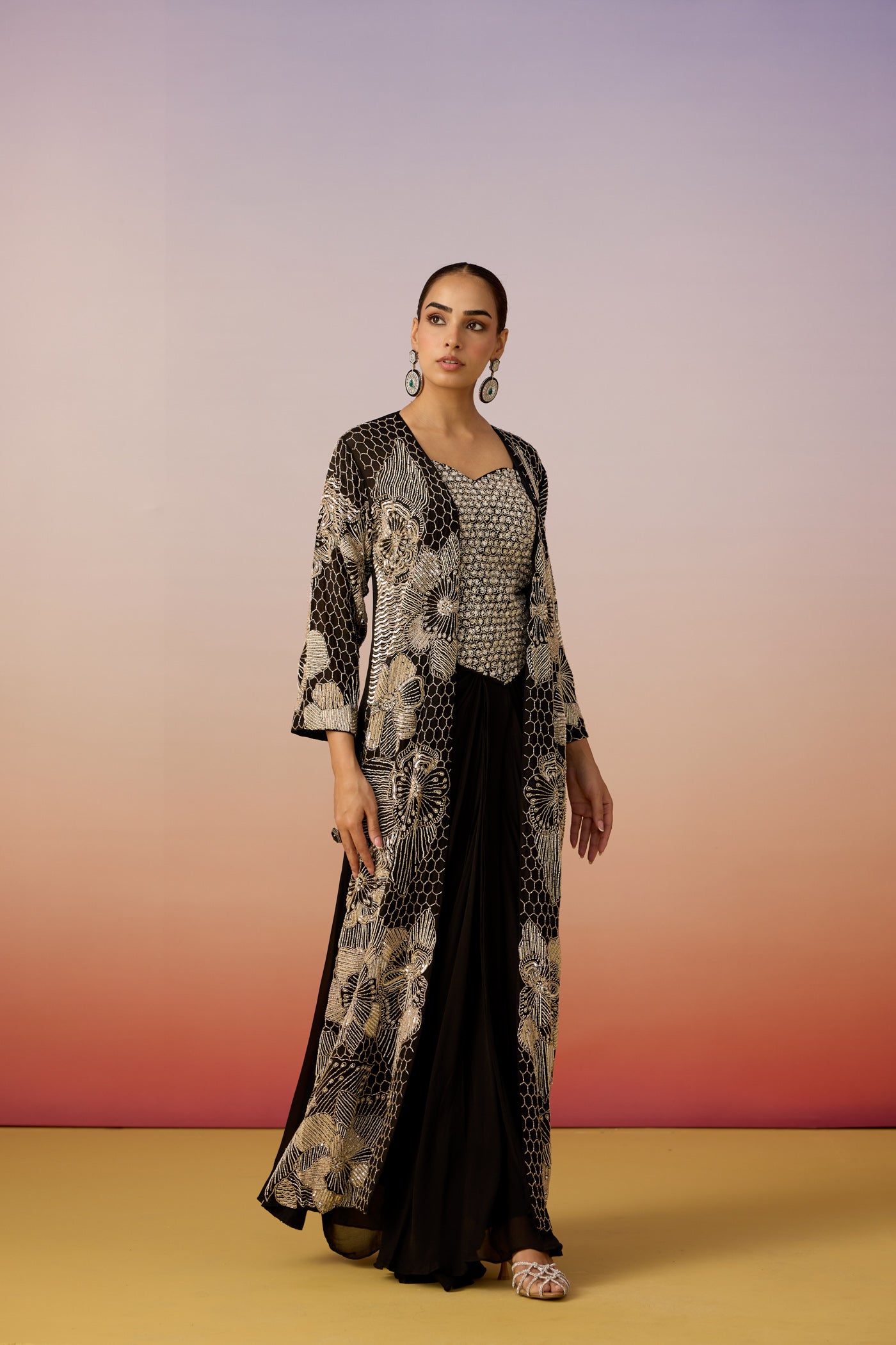 Classic Deep Black Embellished Chinon Silk Skirt Set