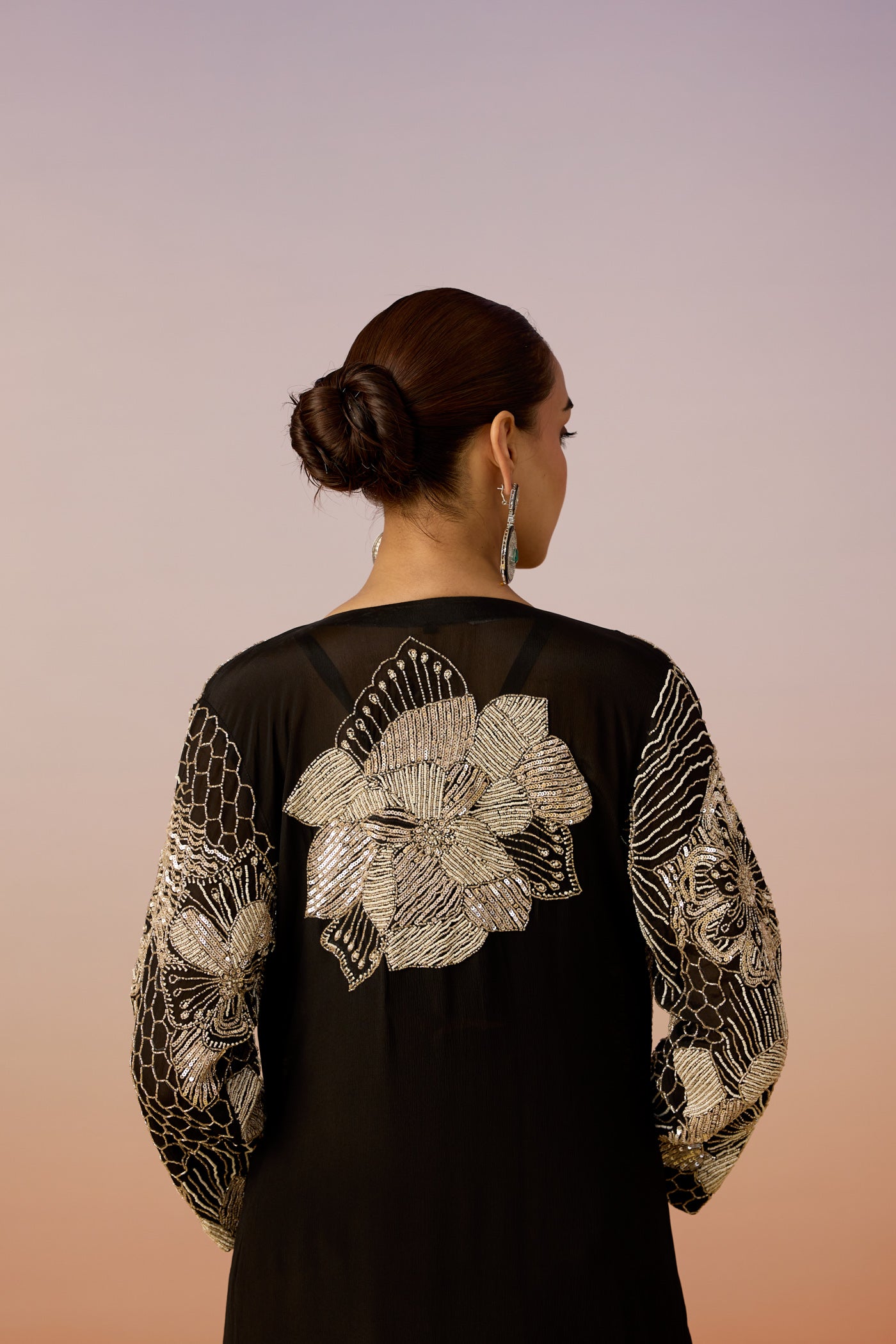 Classic Deep Black Embellished Chinon Silk Skirt Set