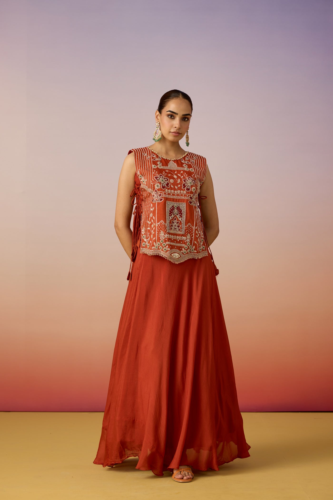 Bright Orange Embellished Tissue Silk Skirt Set