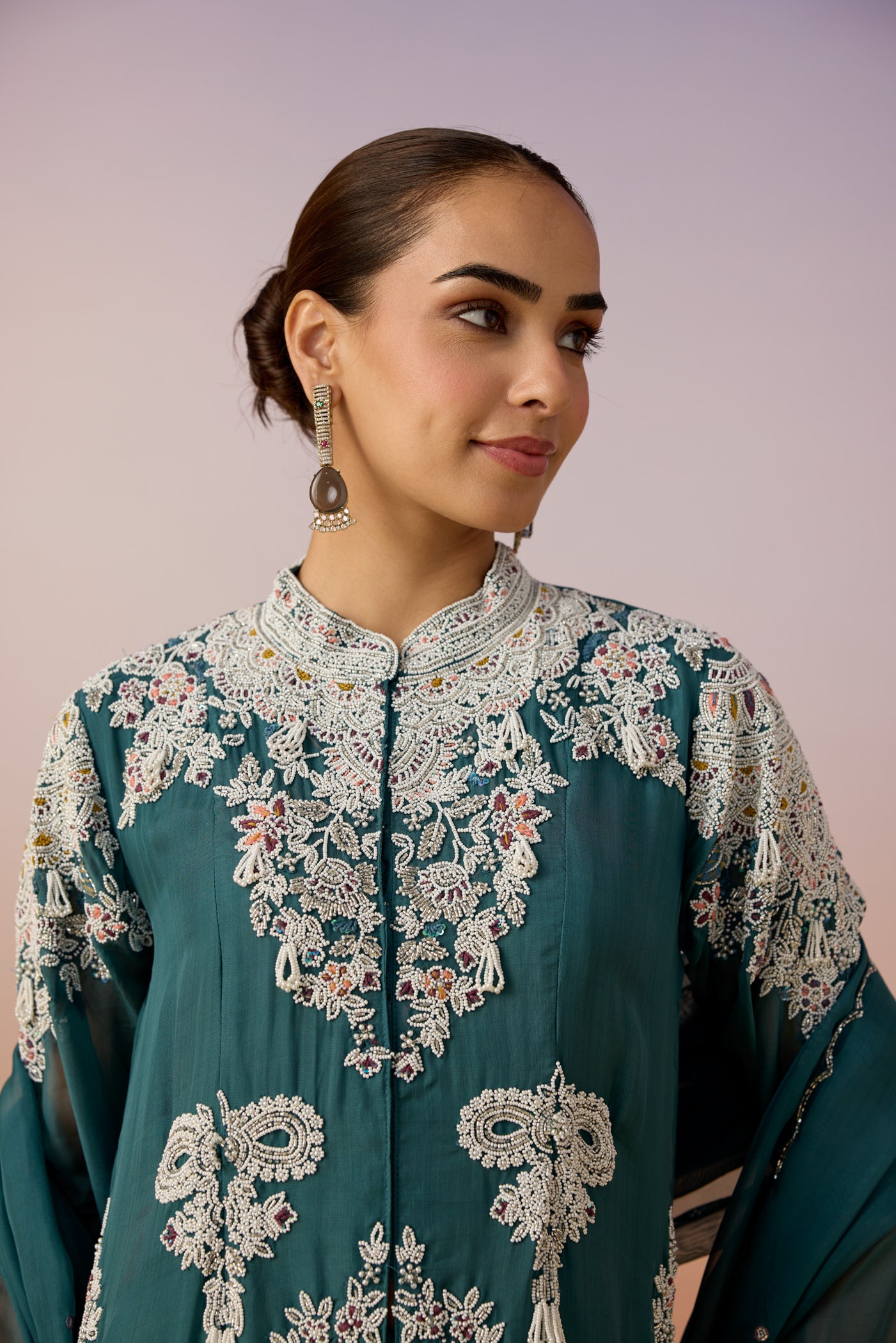 Light Teal Embellished Organza Silk Palazzo Set