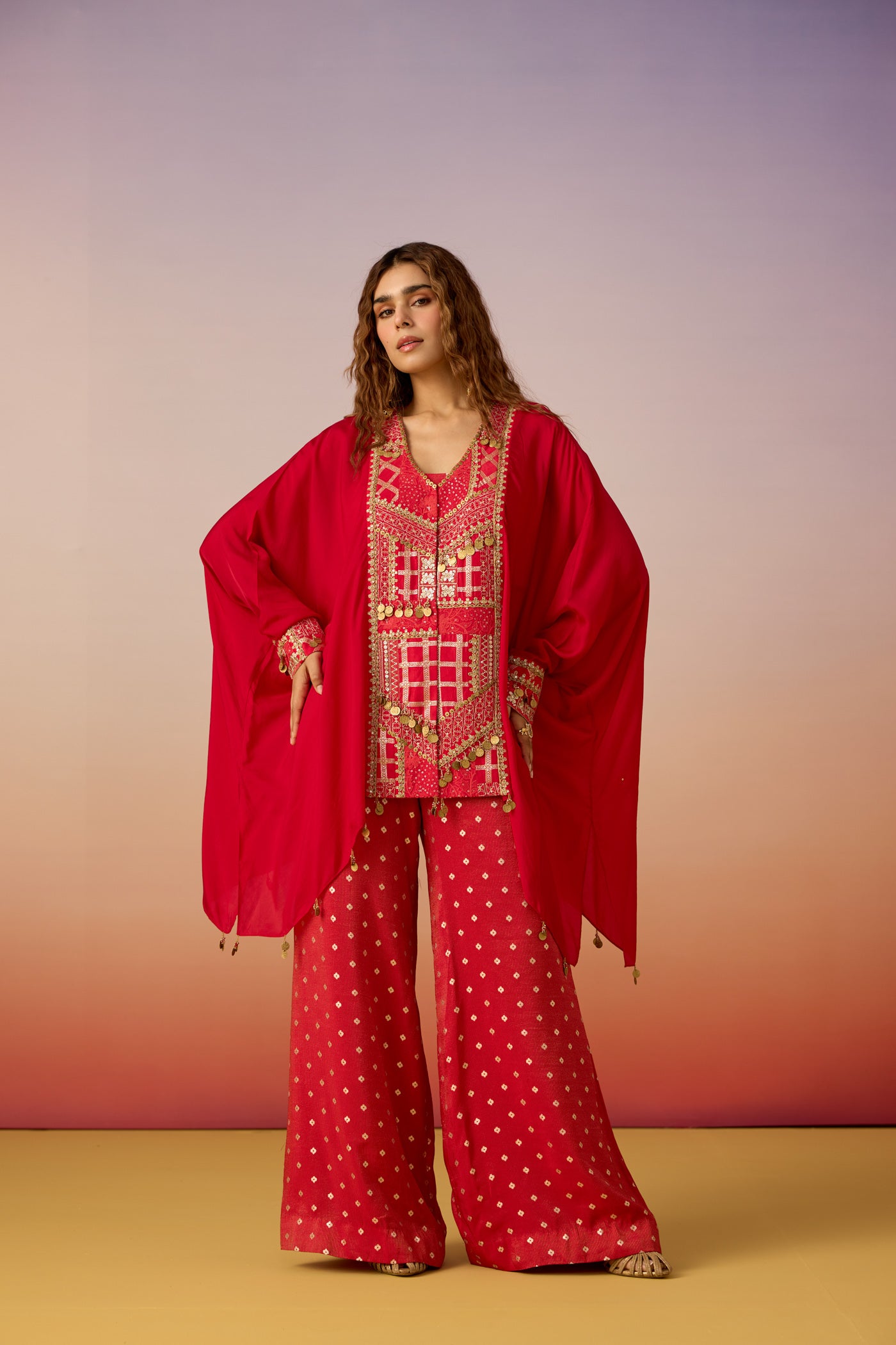 Bold Red Embellished Crepe Silk Kaftan Set