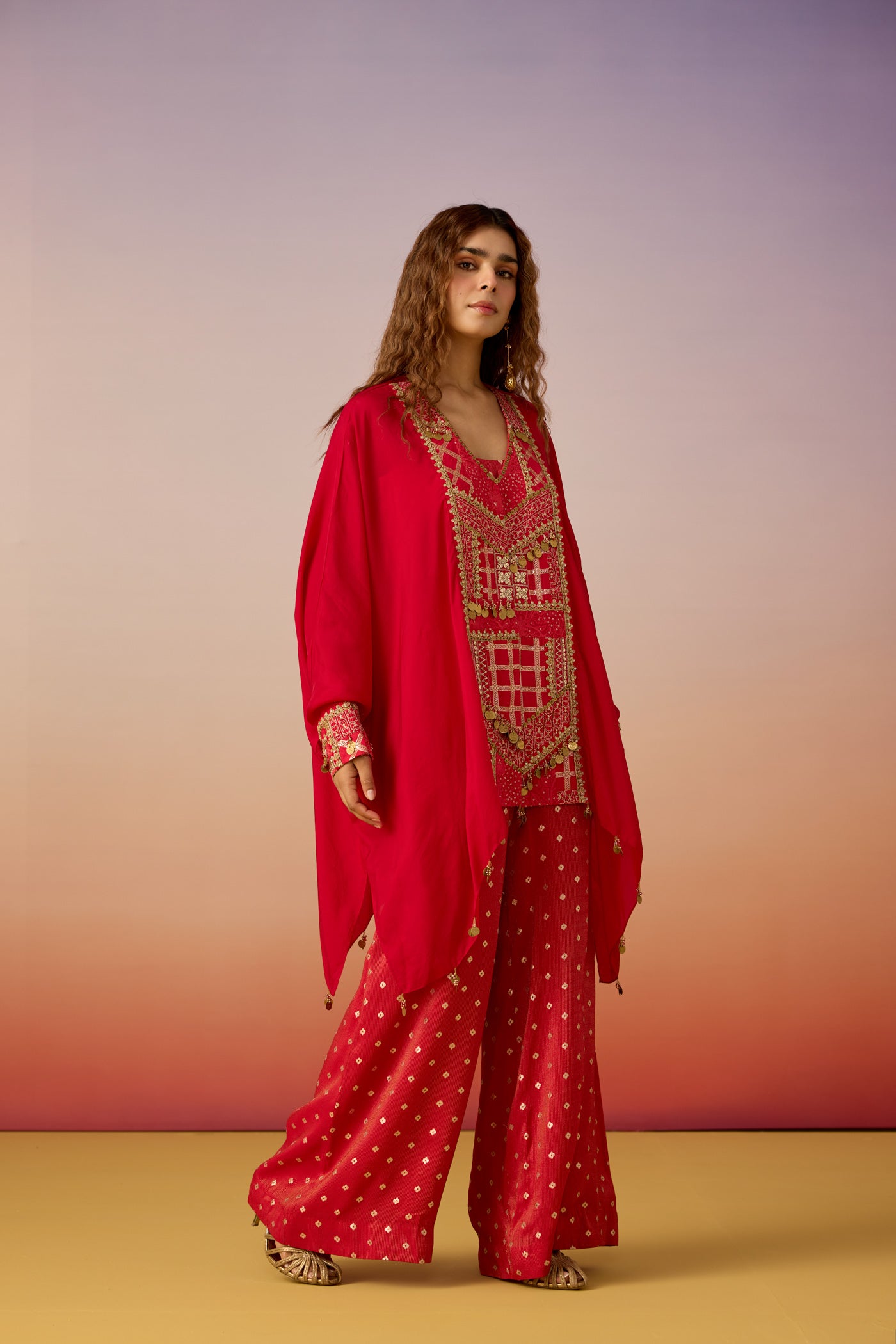 Bold Red Embellished Crepe Silk Kaftan Set