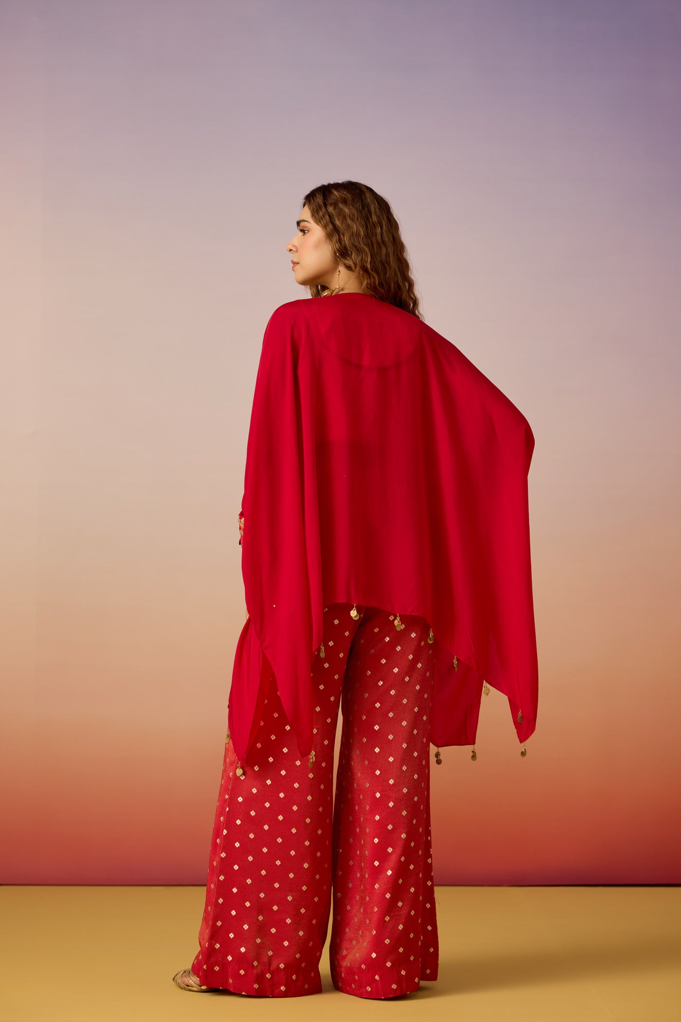 Bold Red Embellished Crepe Silk Kaftan Set