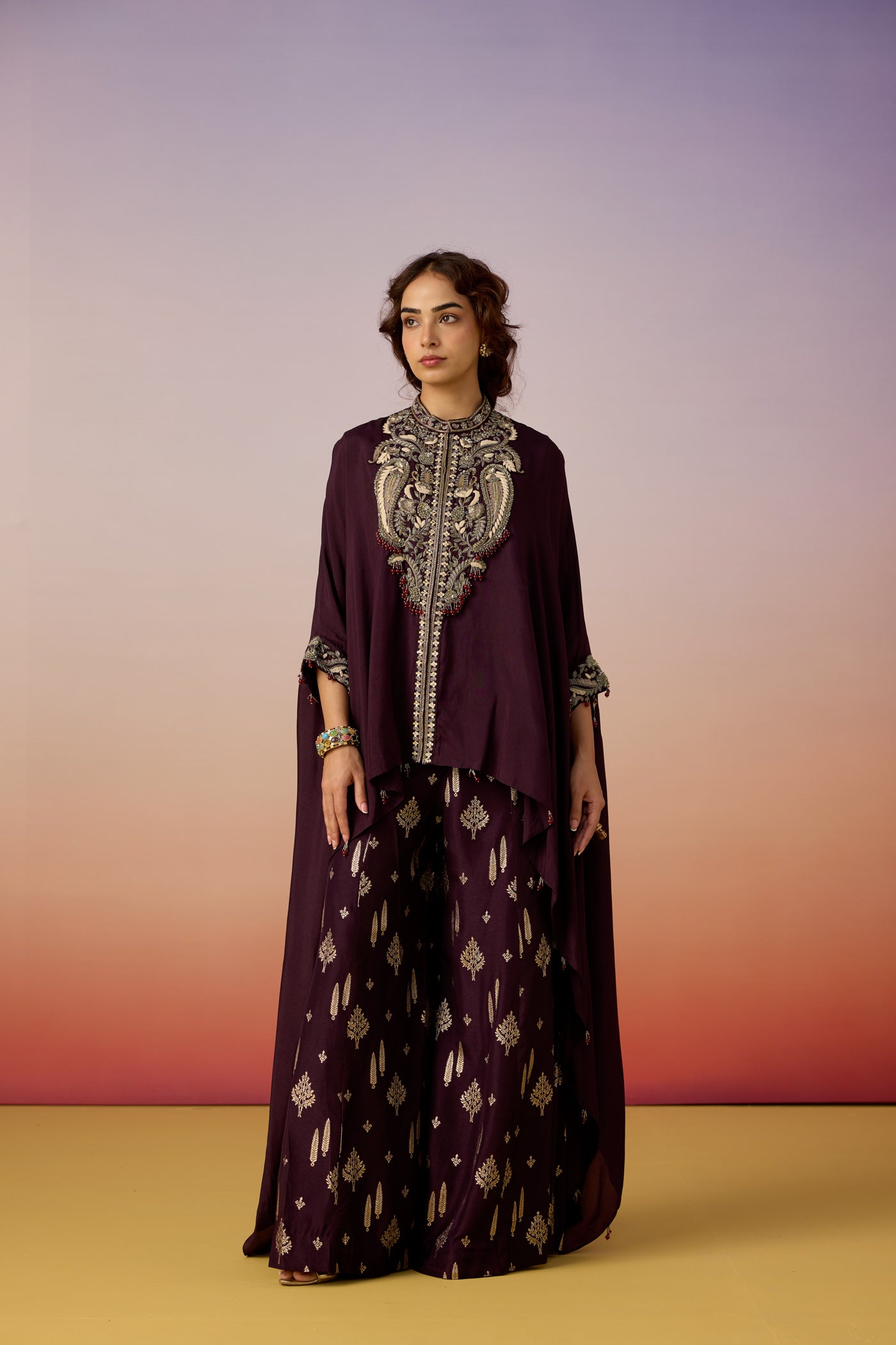 Royal Mulberry Embellished Crepe Silk Kaftan Set