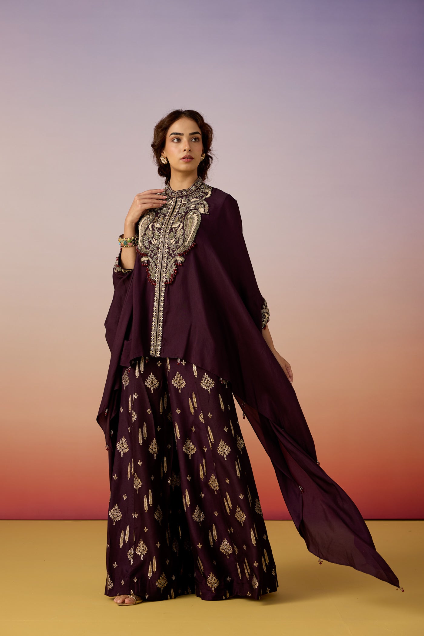 Royal Mulberry Embellished Crepe Silk Kaftan Set