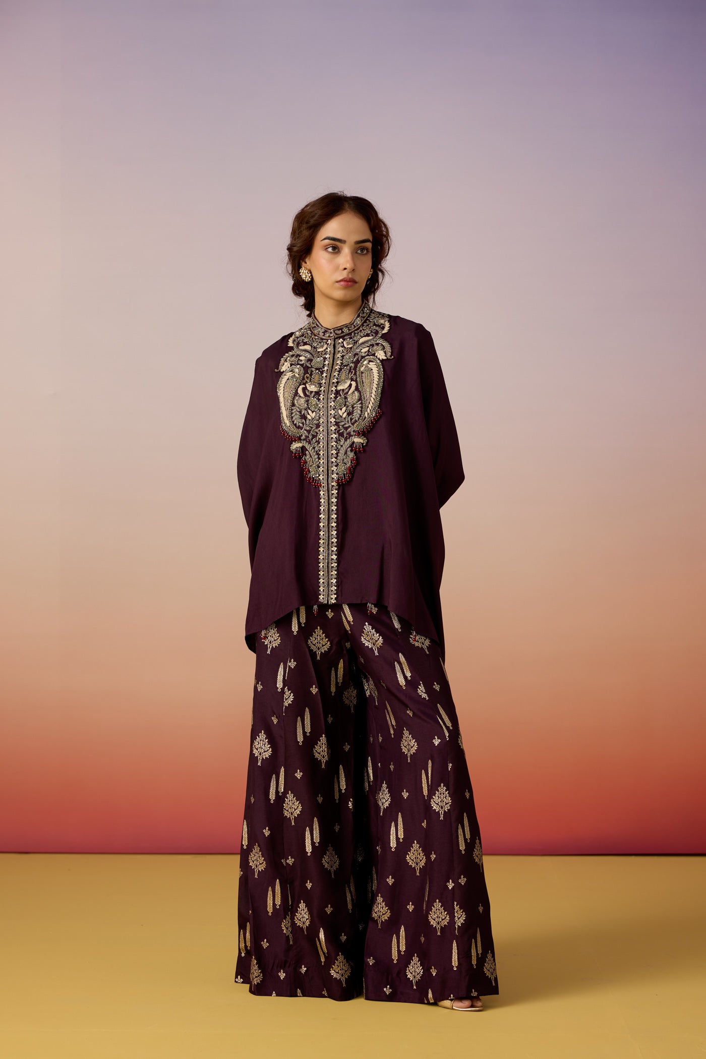 Royal Mulberry Embellished Crepe Silk Kaftan Set