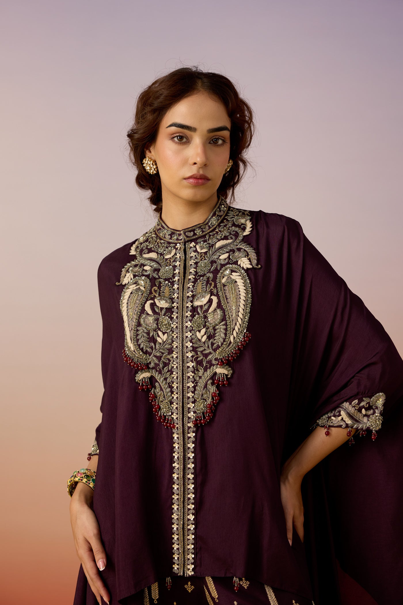 Royal Mulberry Embellished Crepe Silk Kaftan Set