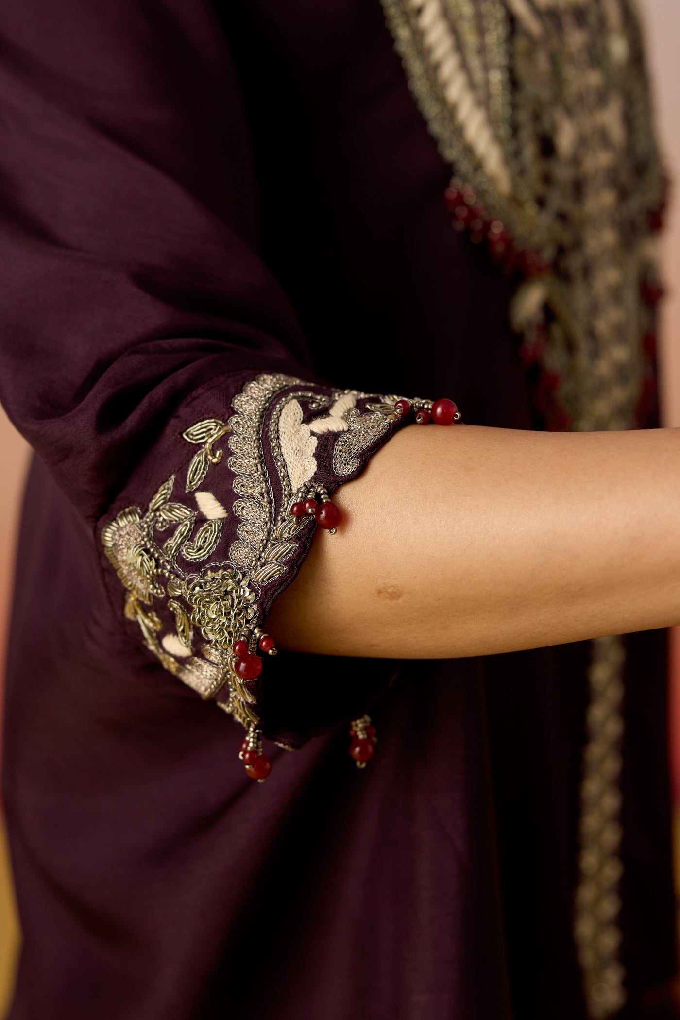 Royal Mulberry Embellished Crepe Silk Kaftan Set
