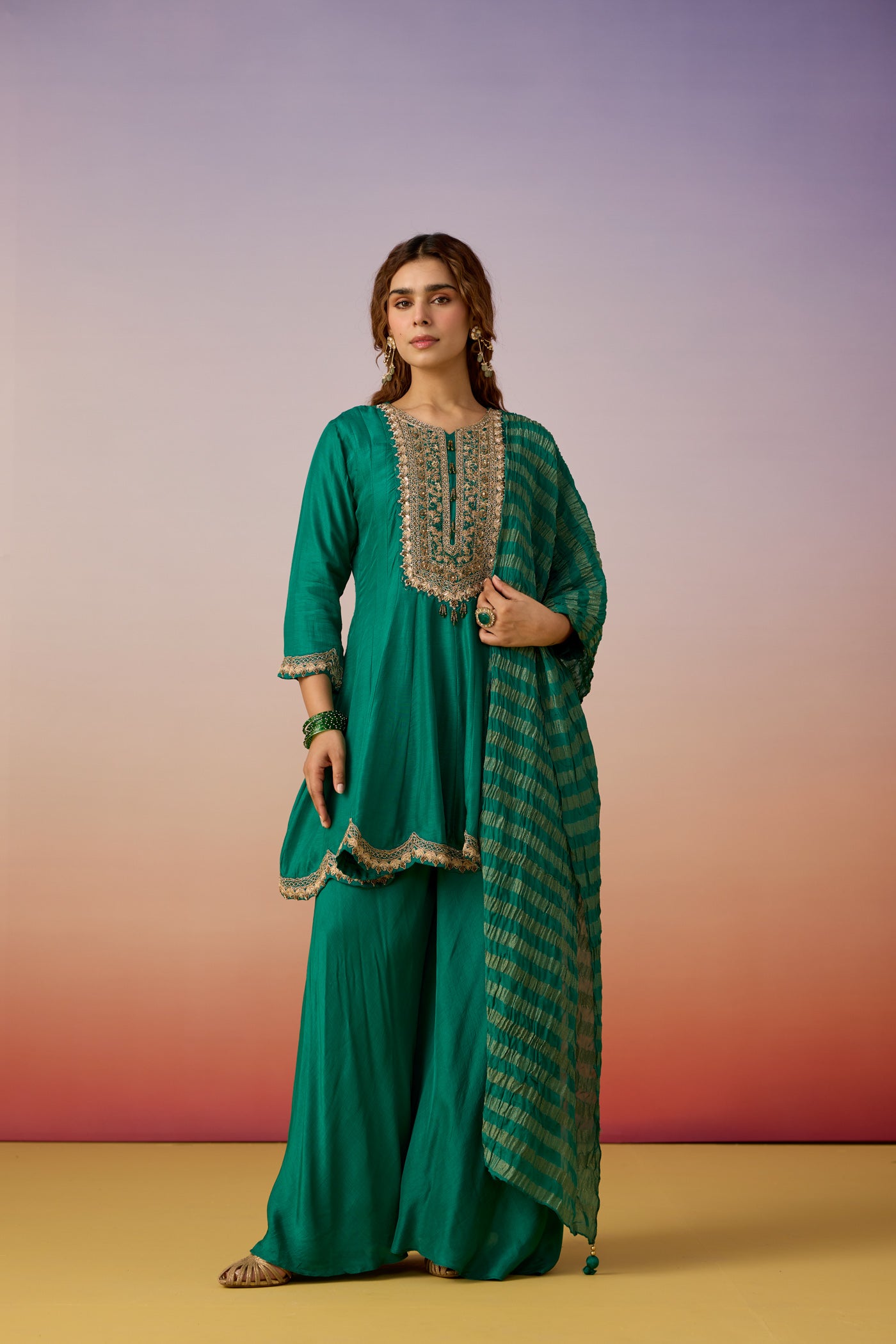 Emerald Grace Embellished Premium Silk Palazzo Set