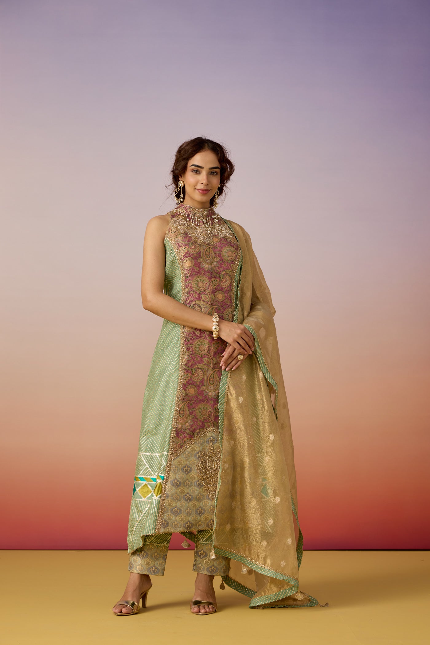 Mauve Mint Embellished Premium Silk Pant Set