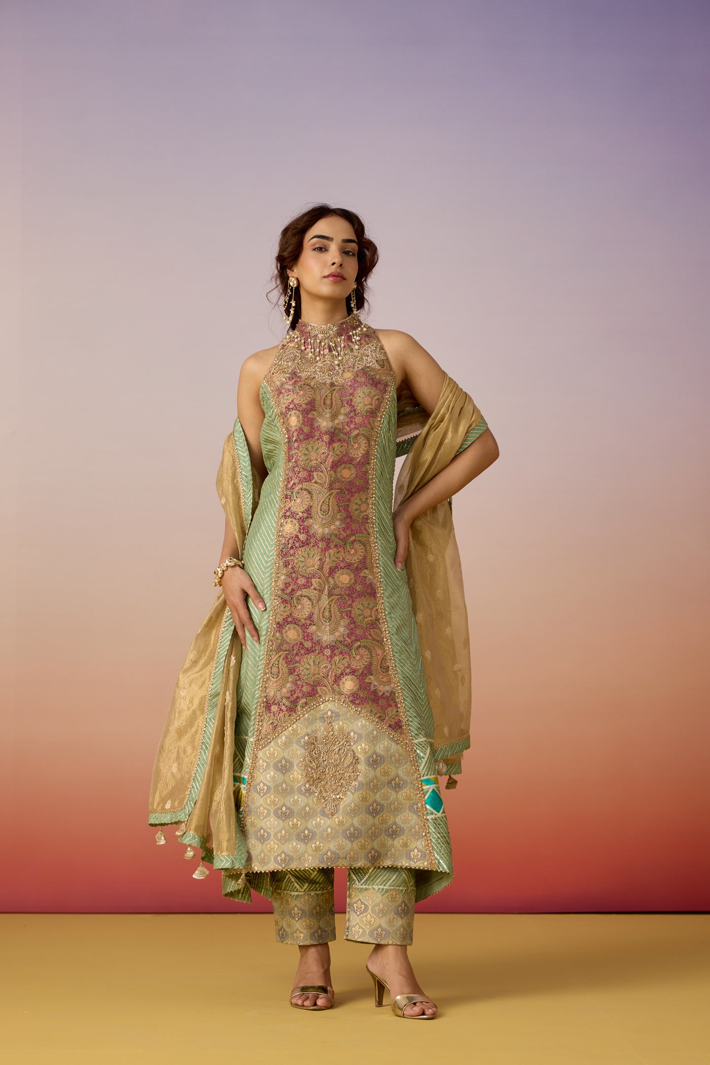 Mauve Mint Embellished Premium Silk Pant Set