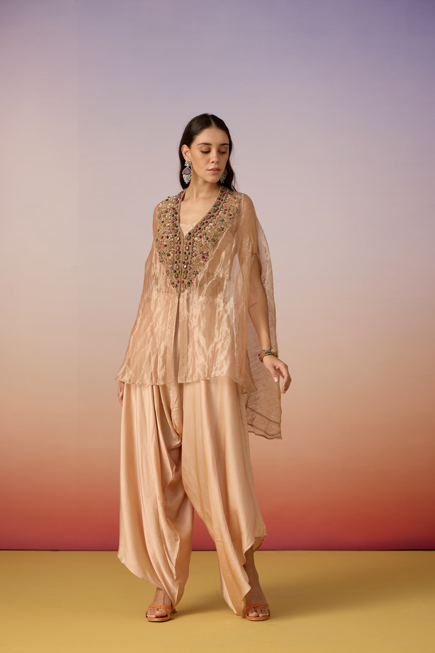 Peach Beige Embellished Shimmer Tissue Silk Co-Ord Set