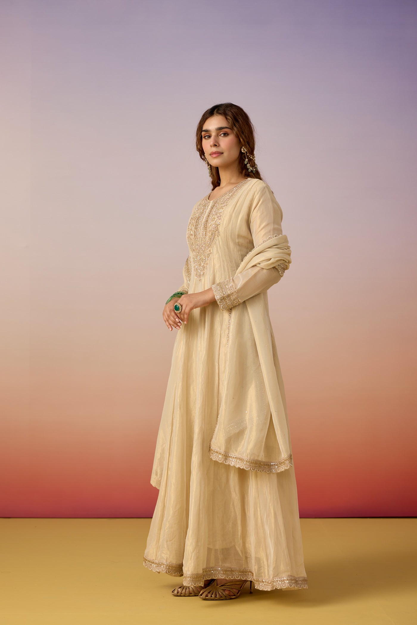 Champagne Cream Embellished Tissue Silk Anarkali Set