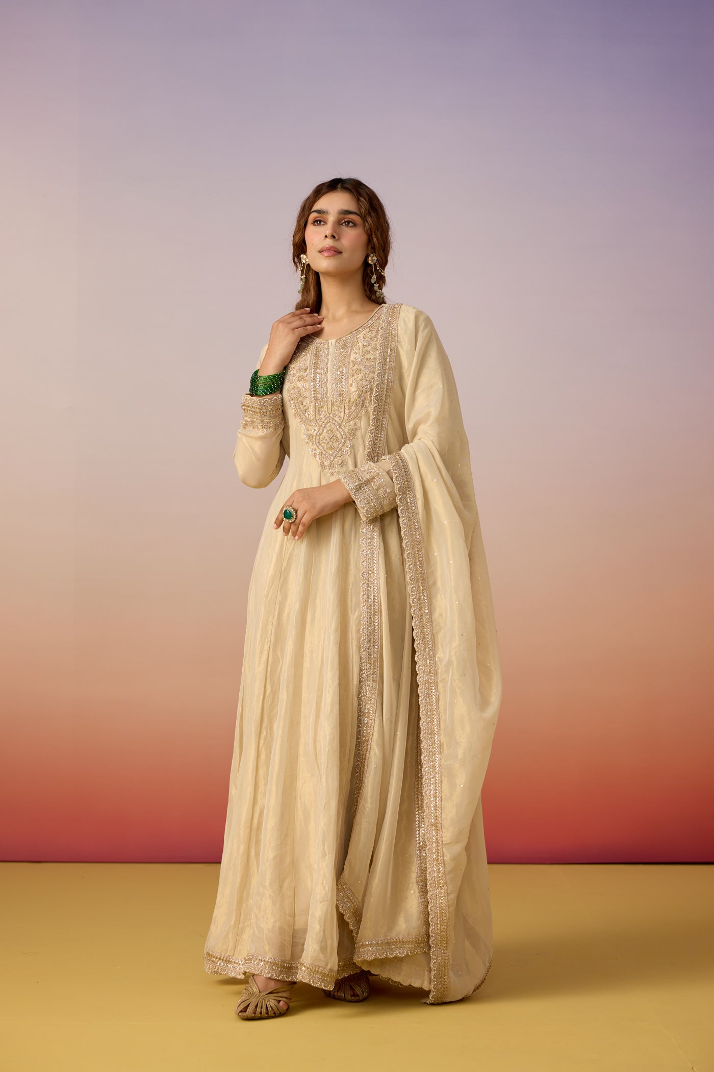 Champagne Cream Embellished Tissue Silk Anarkali Set