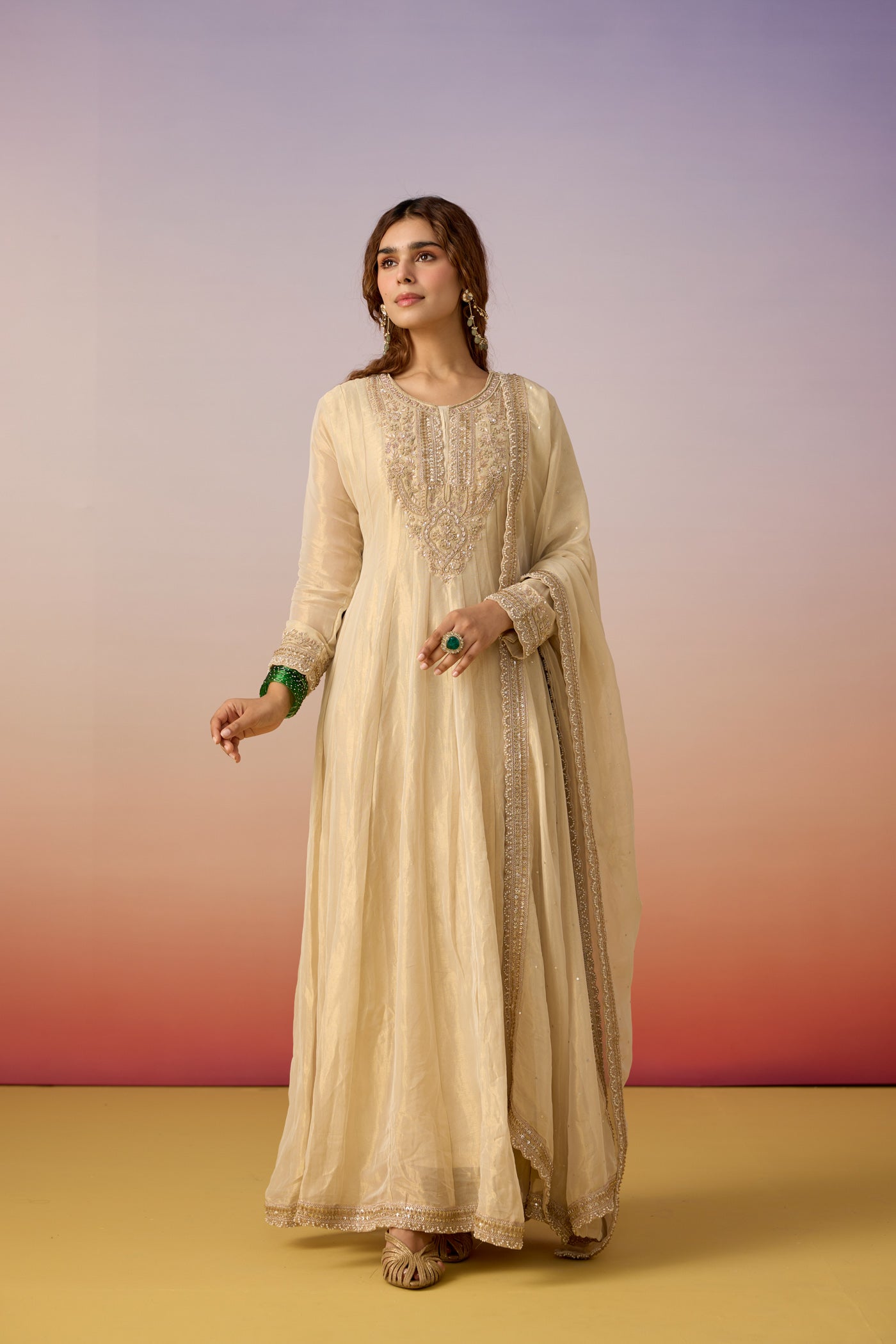 Champagne Cream Embellished Tissue Silk Anarkali Set