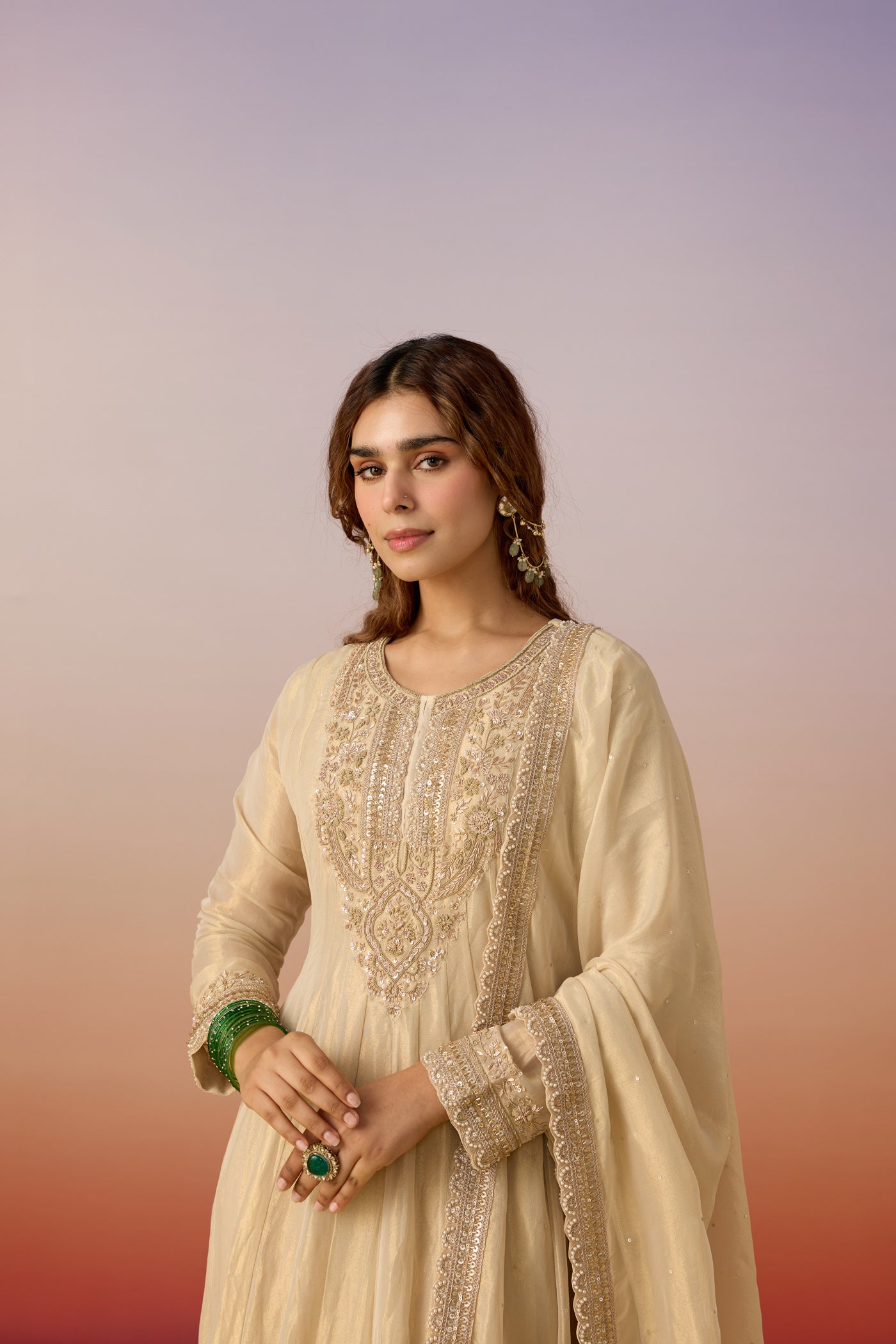 Champagne Cream Embellished Tissue Silk Anarkali Set