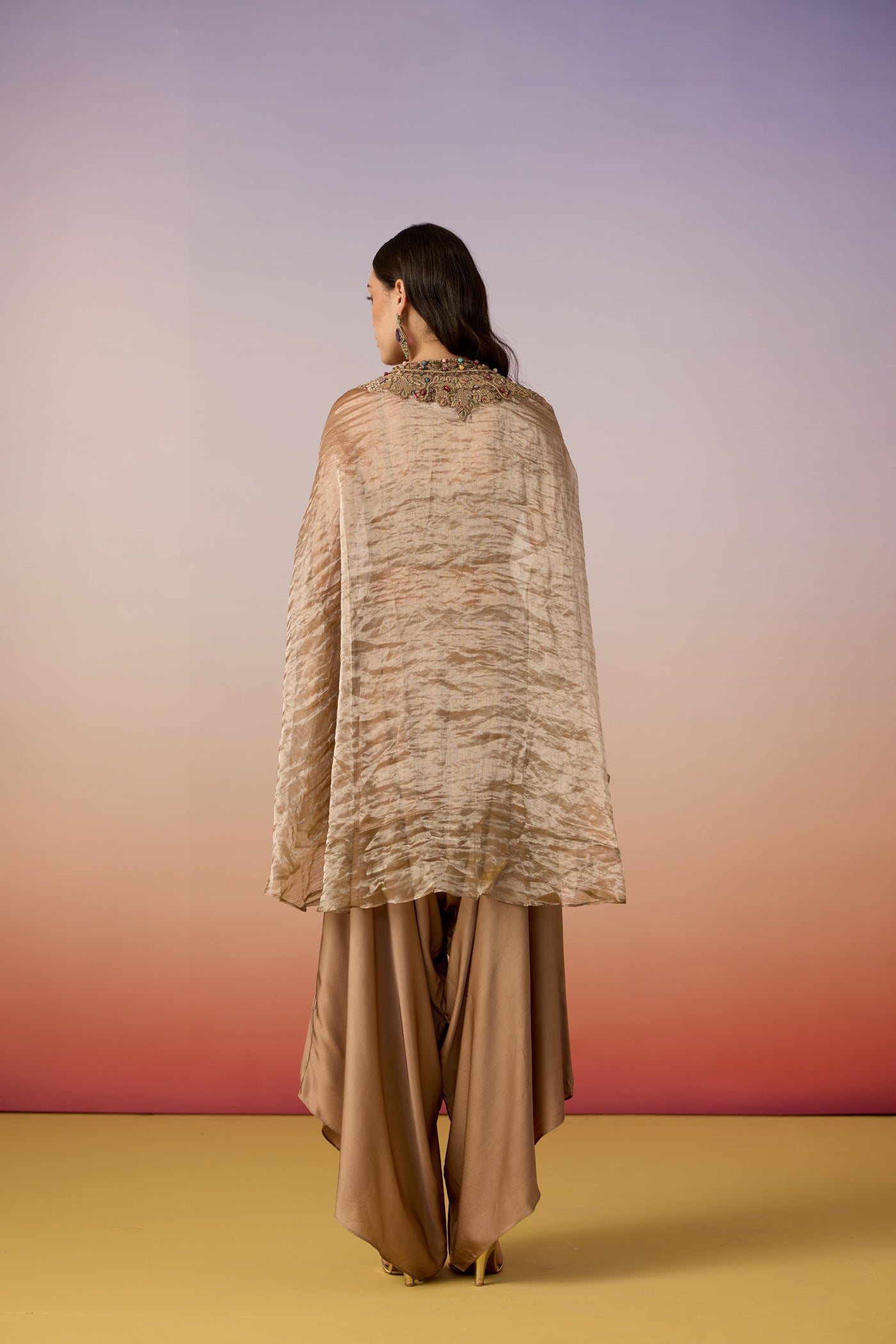 Bronze Brown Embellished Shimmer Tissue Silk Co-Ord Set