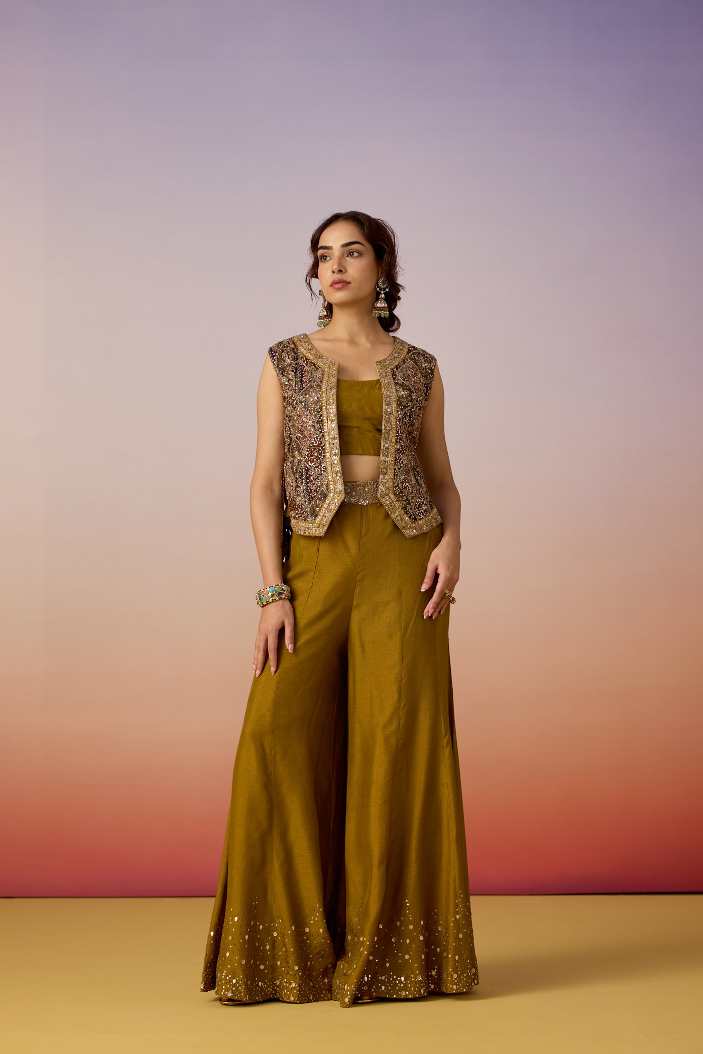 Olive Green Embellished Premium Silk Palazzo Set