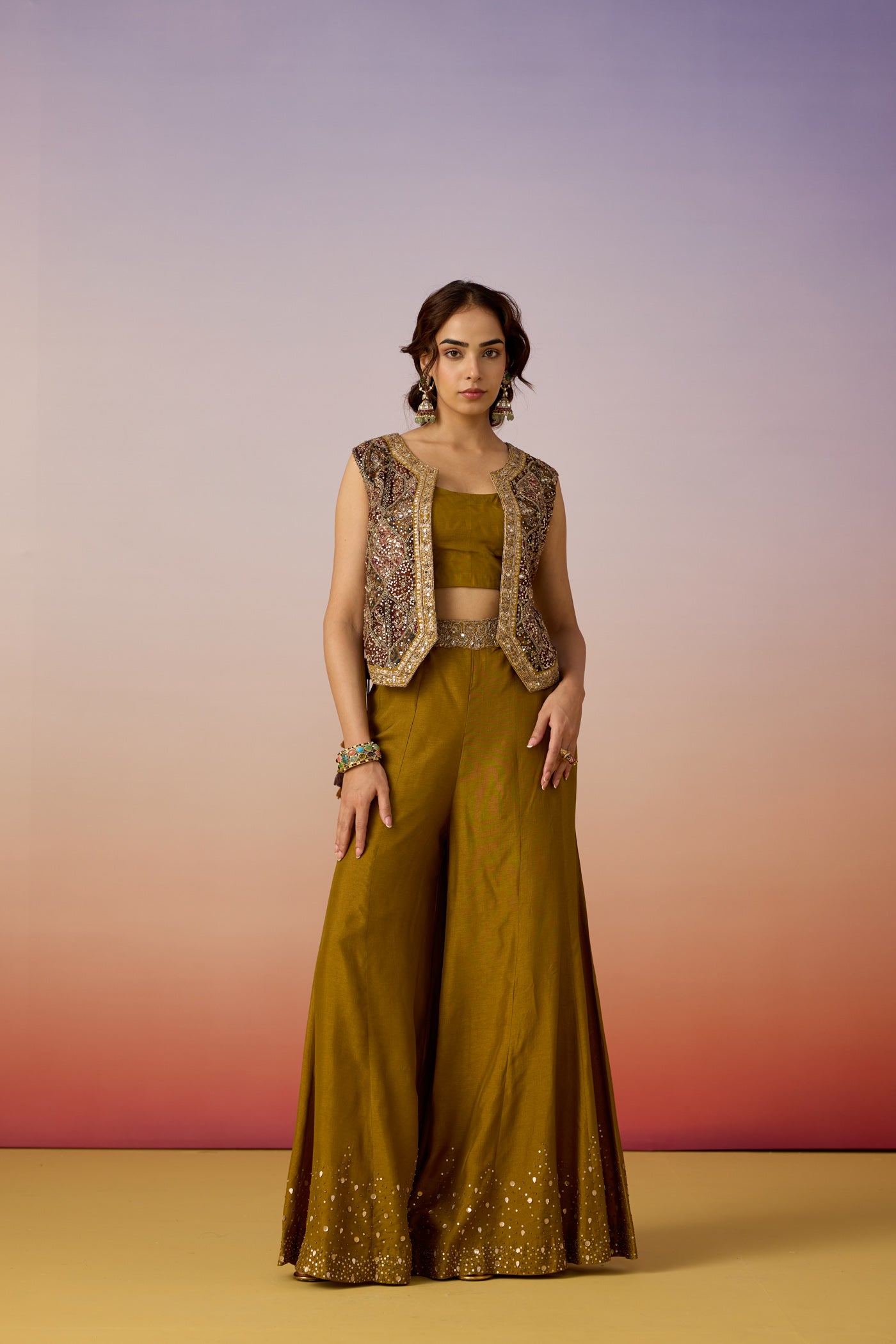 Olive Green Embellished Premium Silk Palazzo Set