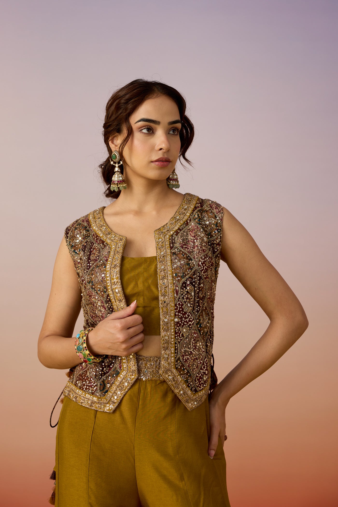 Olive Green Embellished Premium Silk Palazzo Set