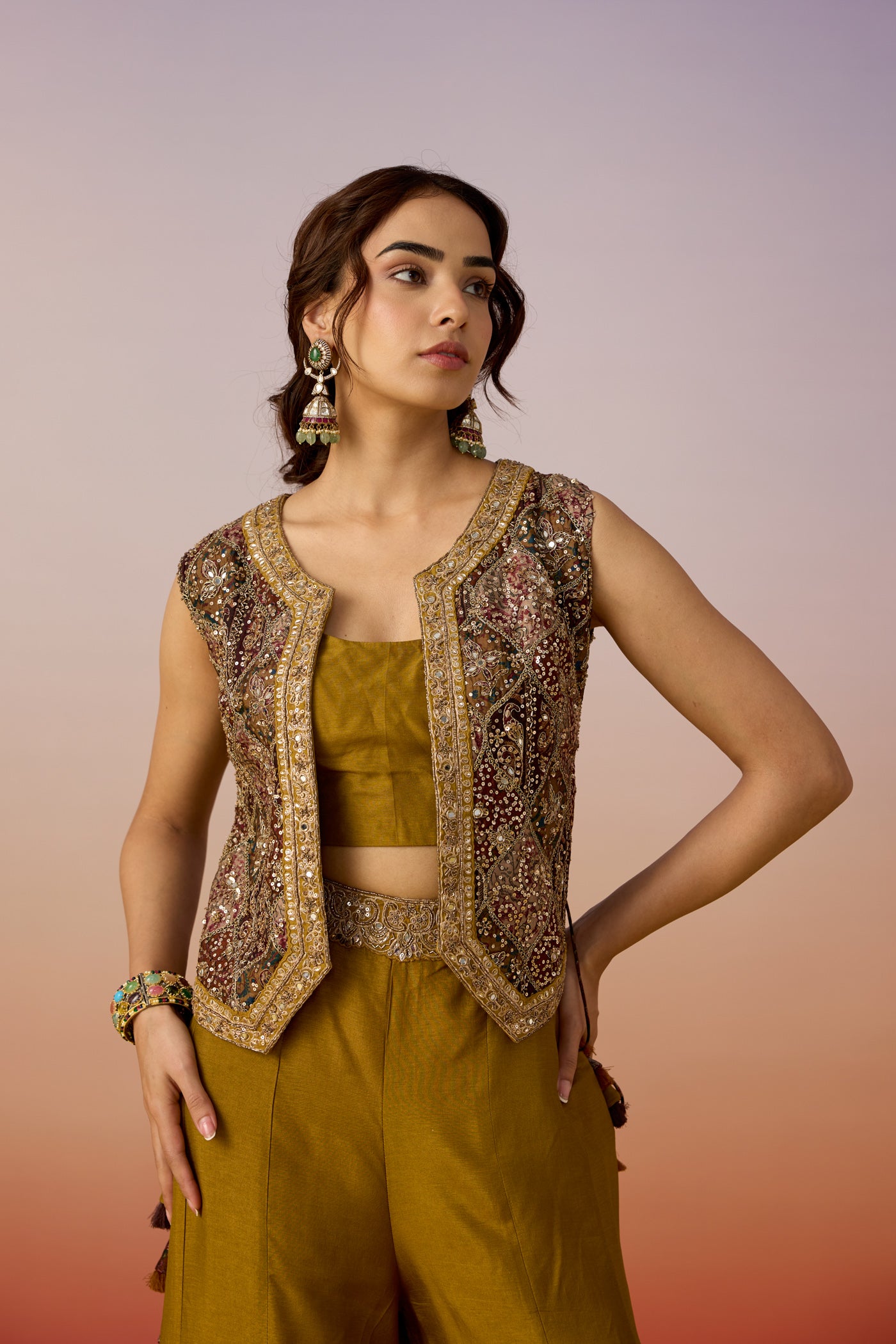 Olive Green Embellished Premium Silk Palazzo Set