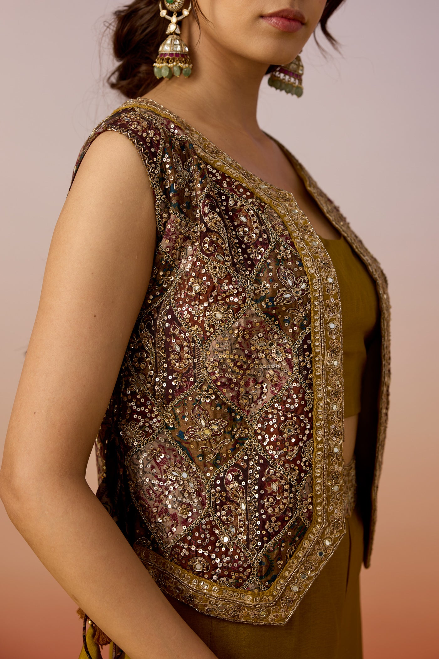 Olive Green Embellished Premium Silk Palazzo Set