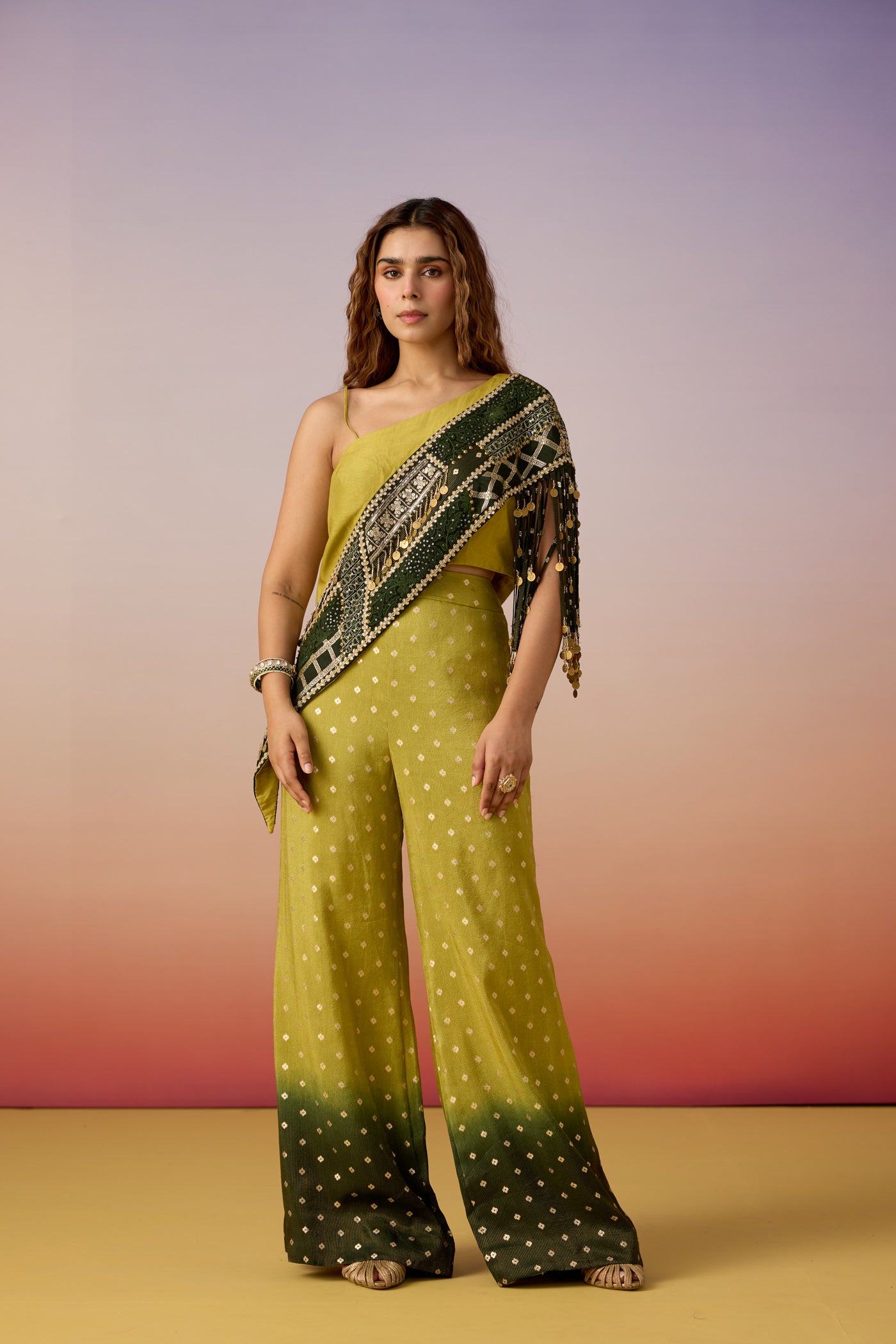 Forest Green Ombre Embellished Raw Silk Co-Ord Set