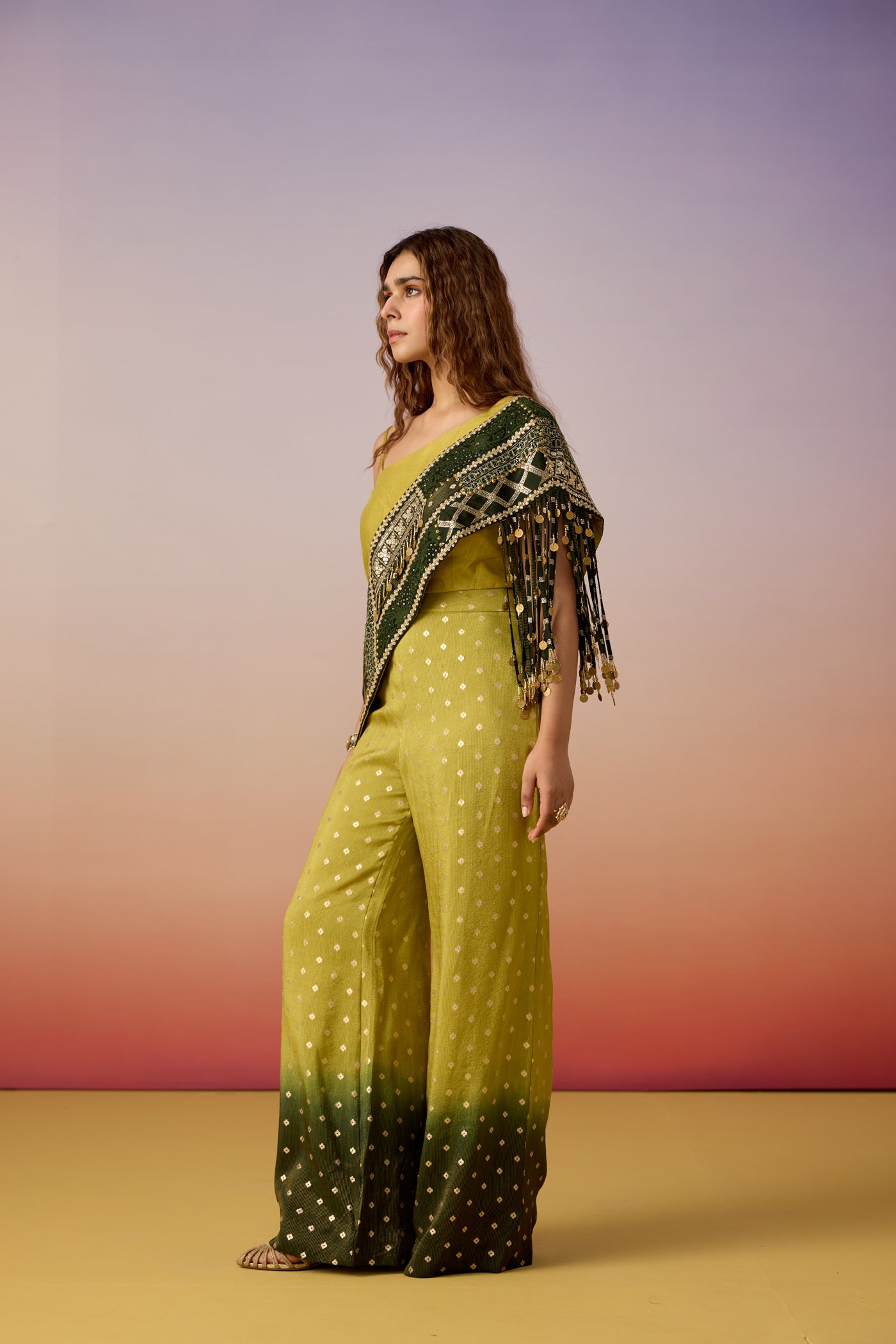 Forest Green Ombre Embellished Raw Silk Co-Ord Set