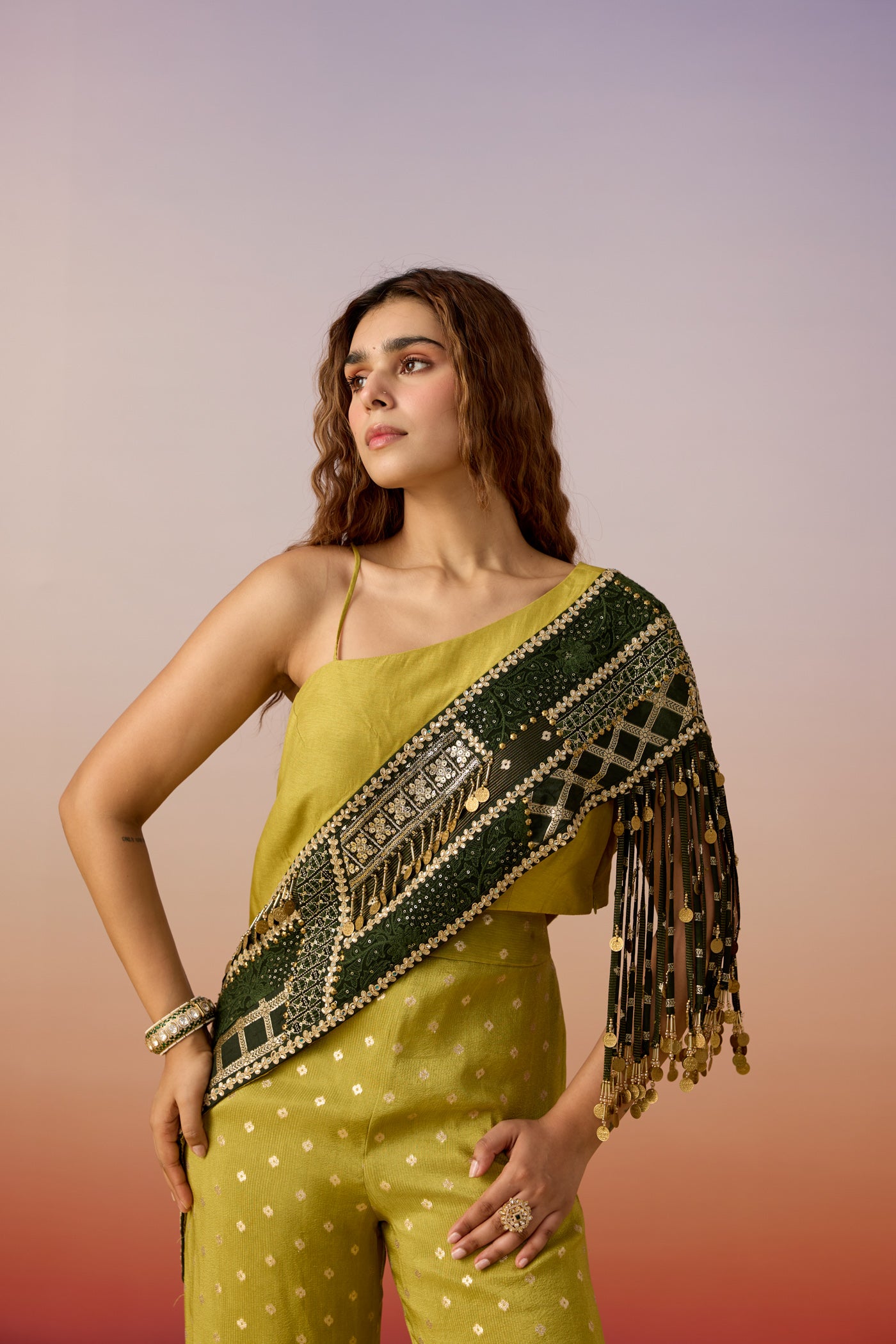 Forest Green Ombre Embellished Raw Silk Co-Ord Set