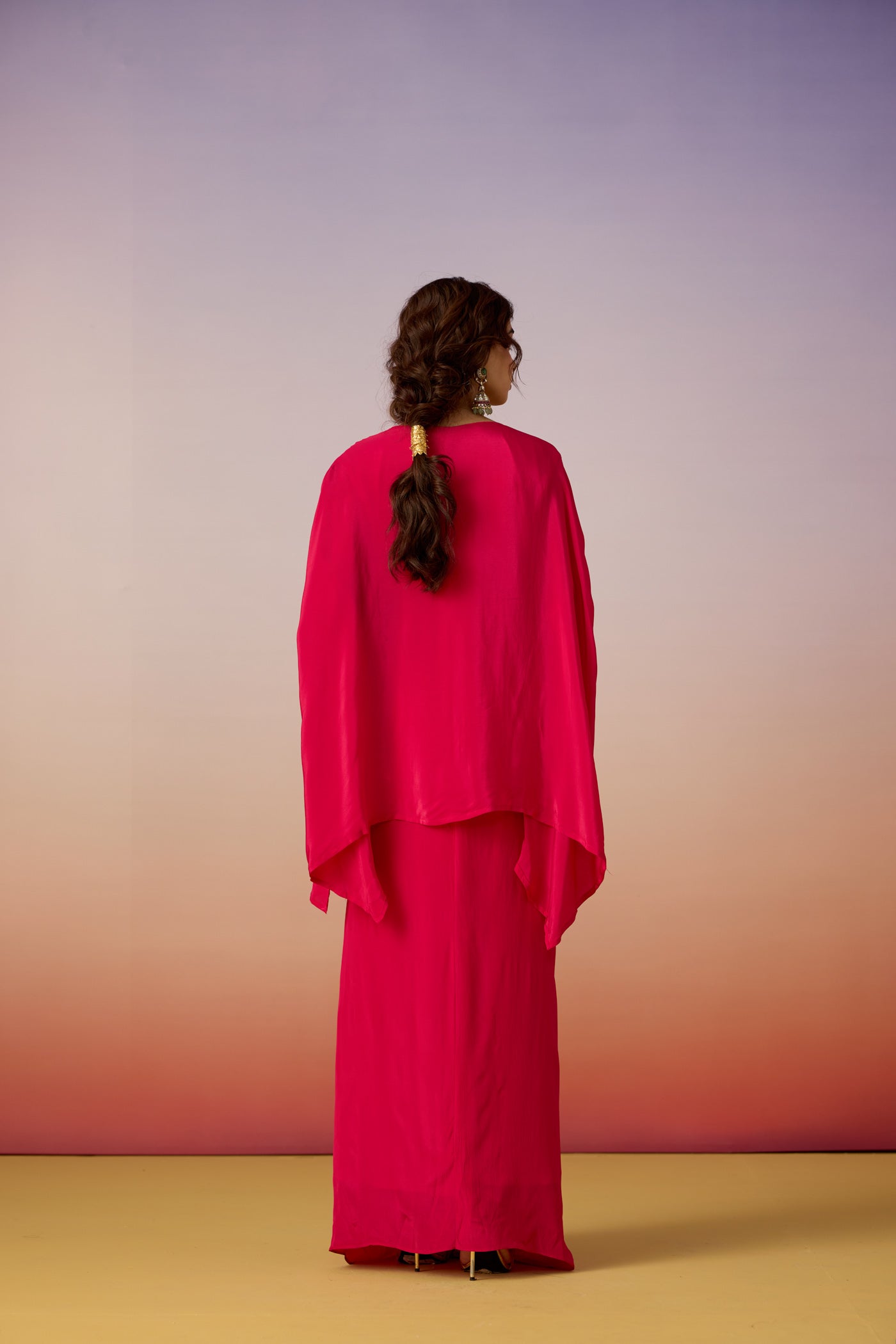 Magenta Solid Embroidered Chinon Silk Kaftan Set
