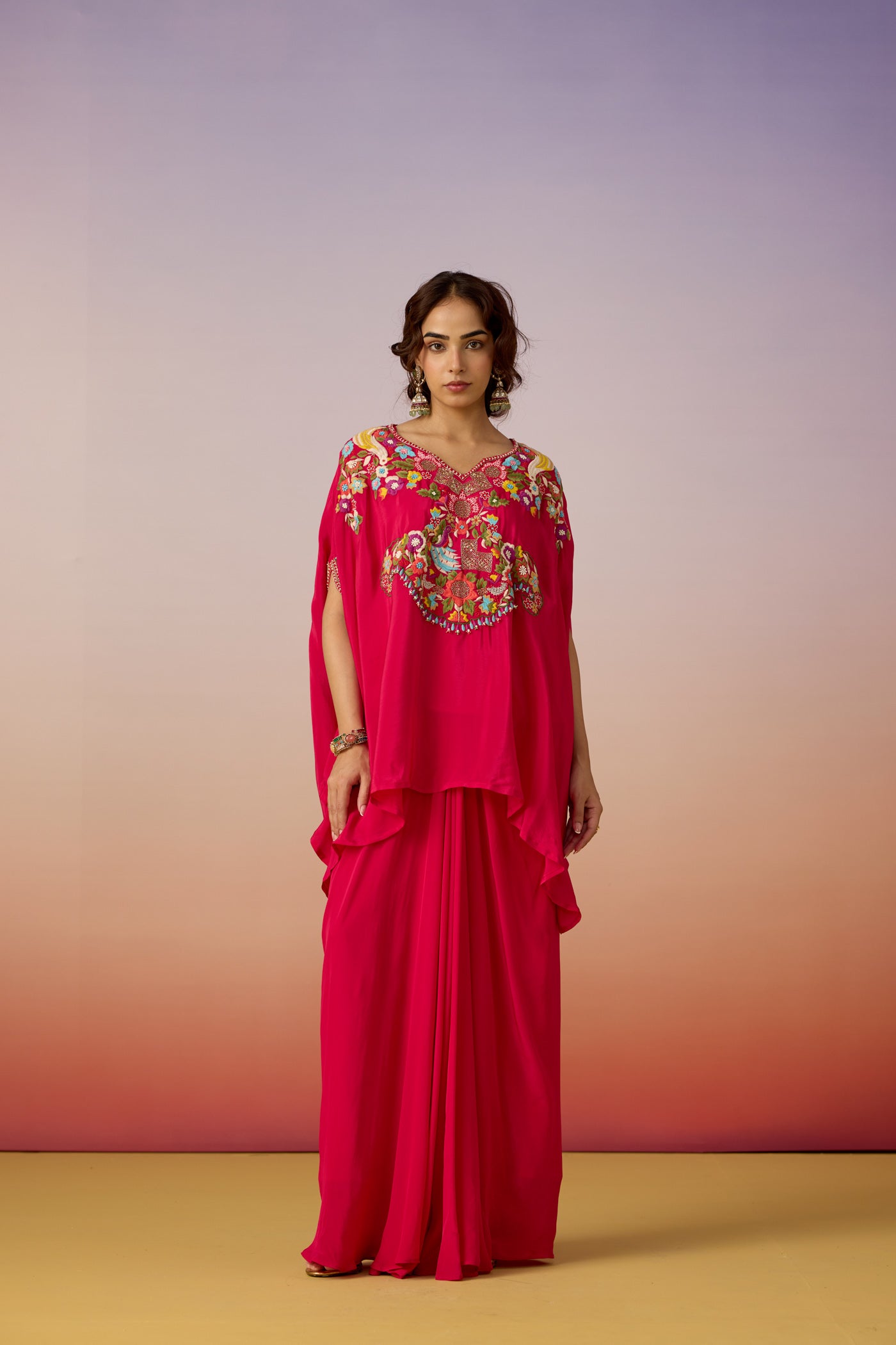Magenta Solid Embroidered Chinon Silk Kaftan Set