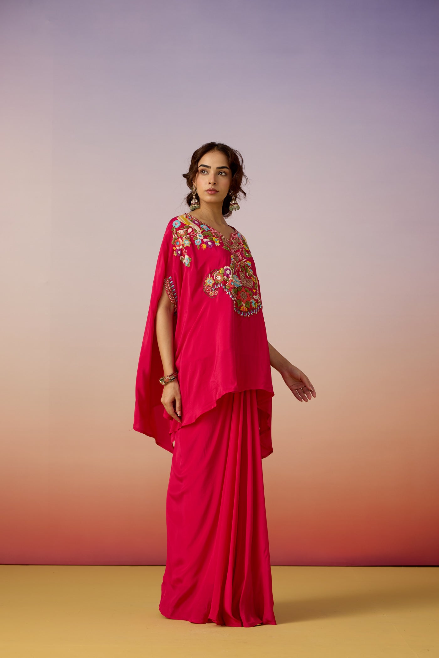 Magenta Solid Embroidered Chinon Silk Kaftan Set