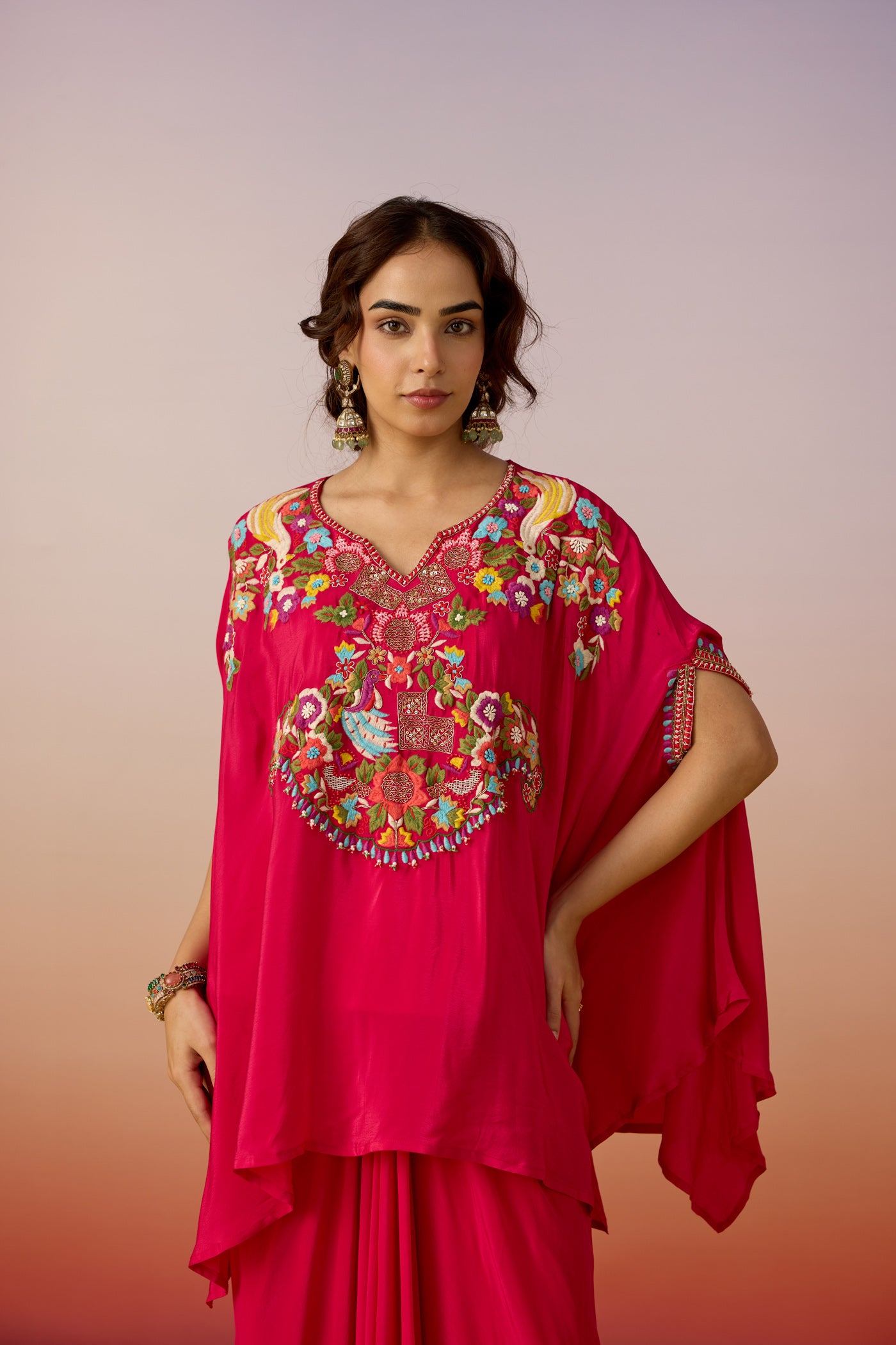 Magenta Solid Embroidered Chinon Silk Kaftan Set