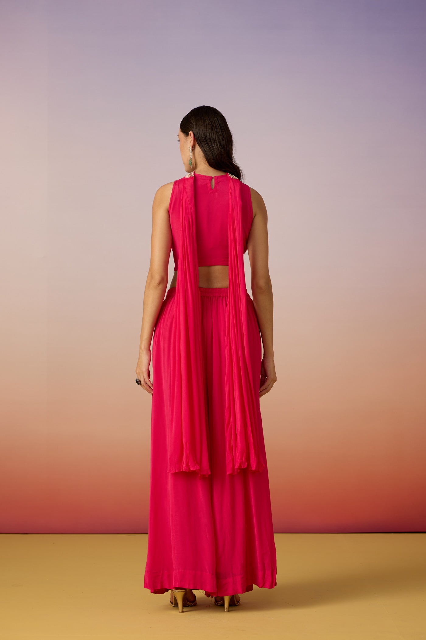 Hot Pink Embellished Crepe Silk Palazzo Set