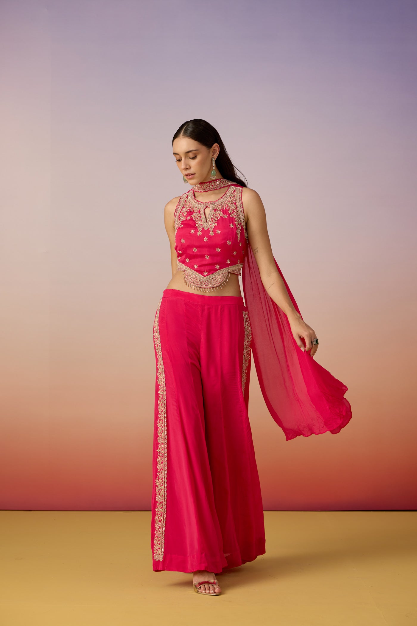 Hot Pink Embellished Crepe Silk Palazzo Set