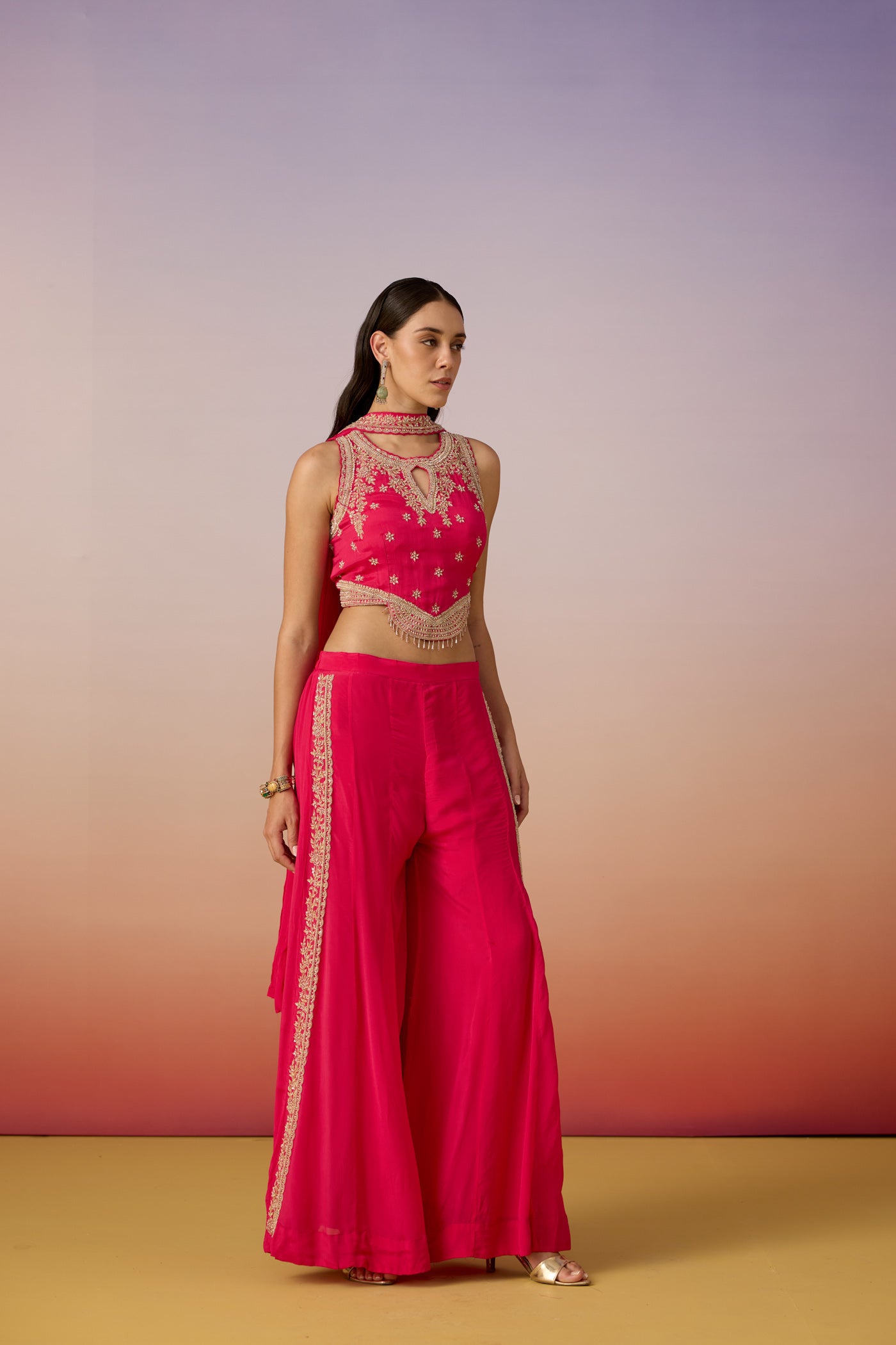 Hot Pink Embellished Crepe Silk Palazzo Set