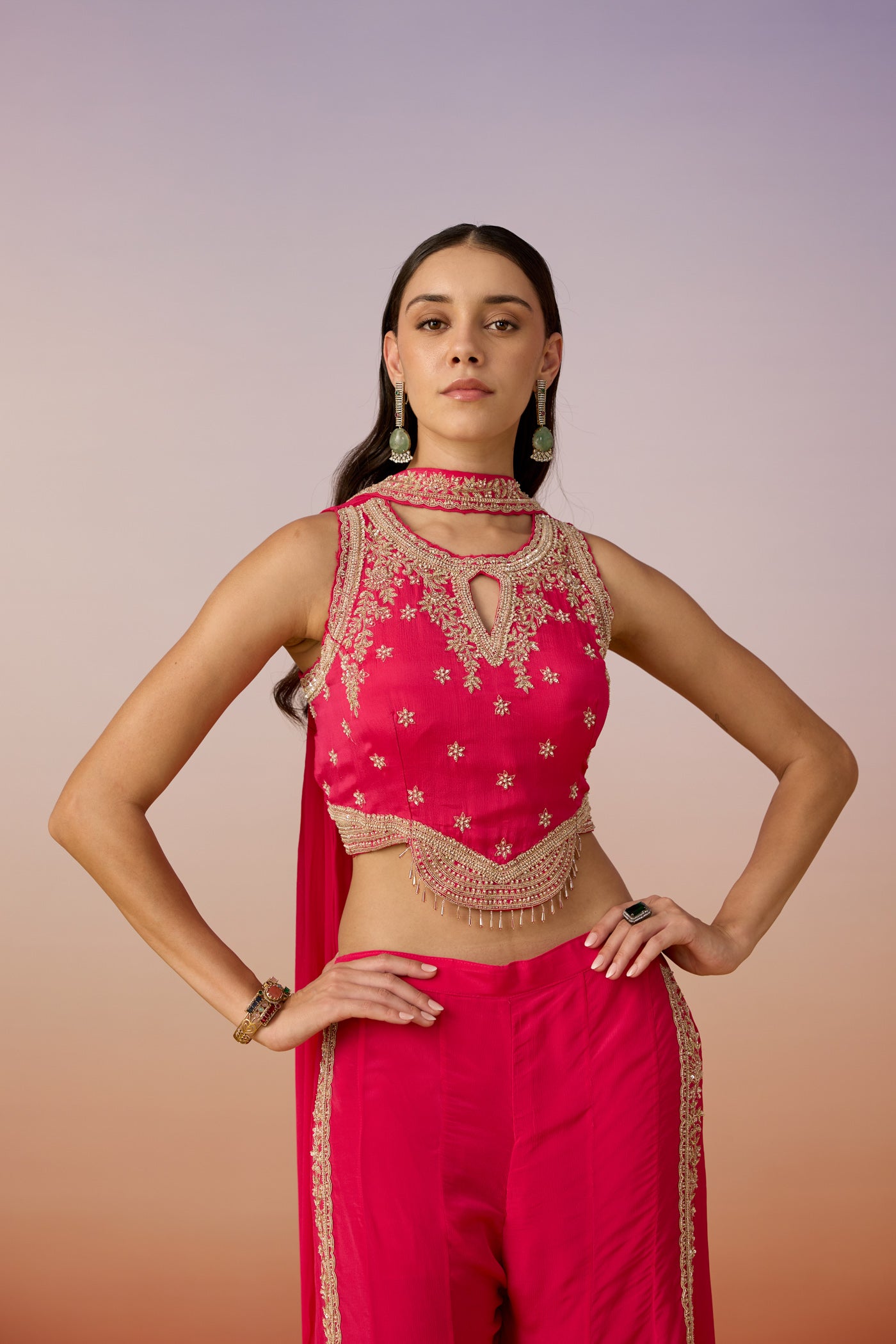 Hot Pink Embellished Crepe Silk Palazzo Set