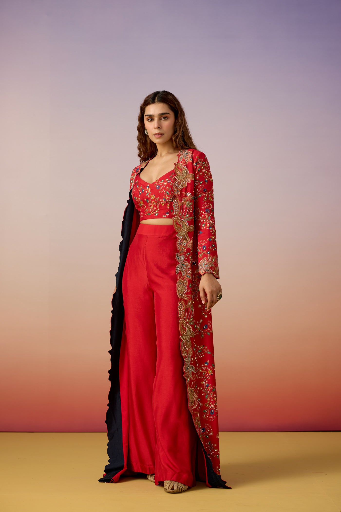 Classic Red Embellished Raw Silk Cape Palazzo Set
