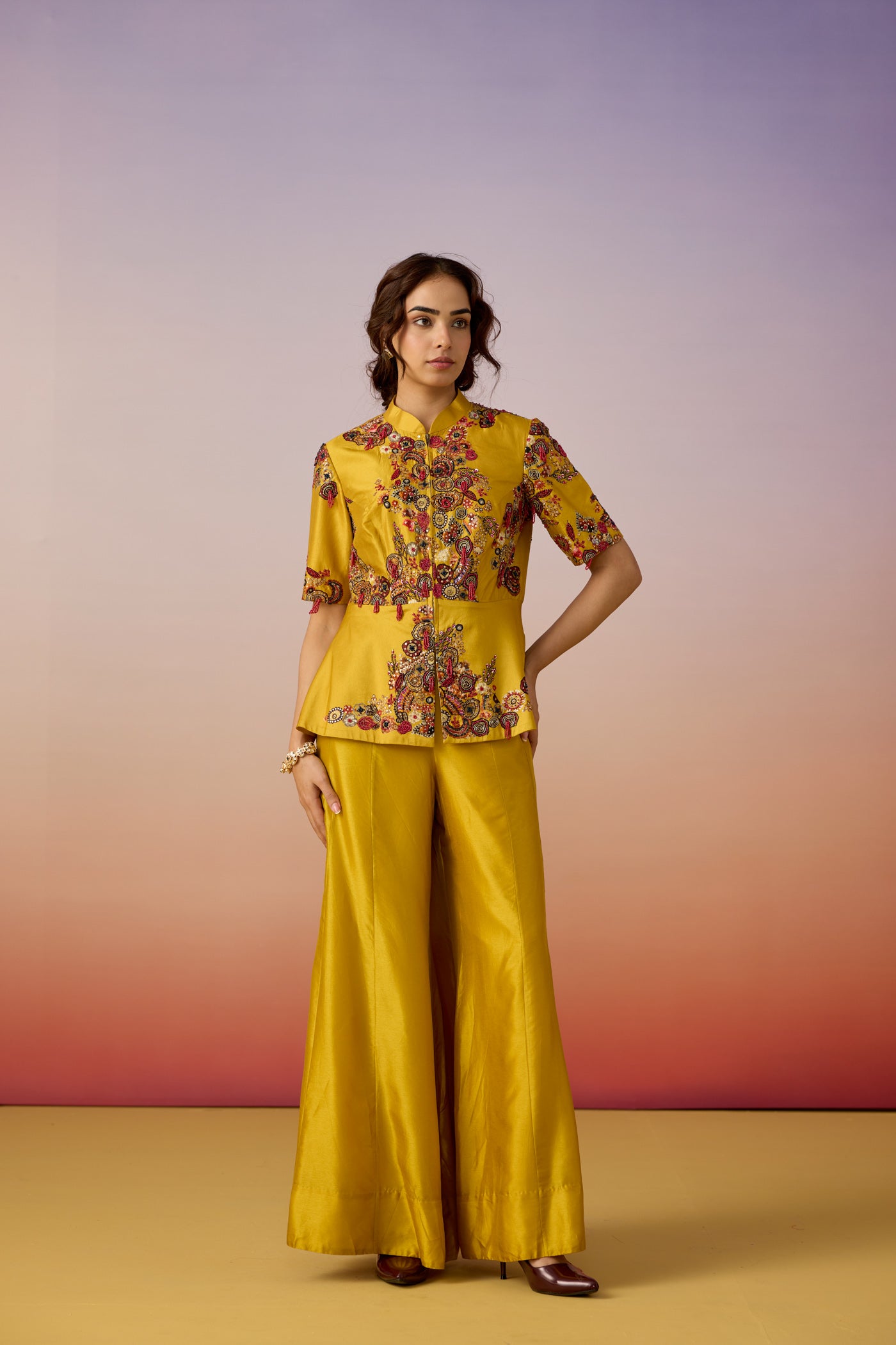 Antique Yellow Embellished Premium Silk Palazzo Set
