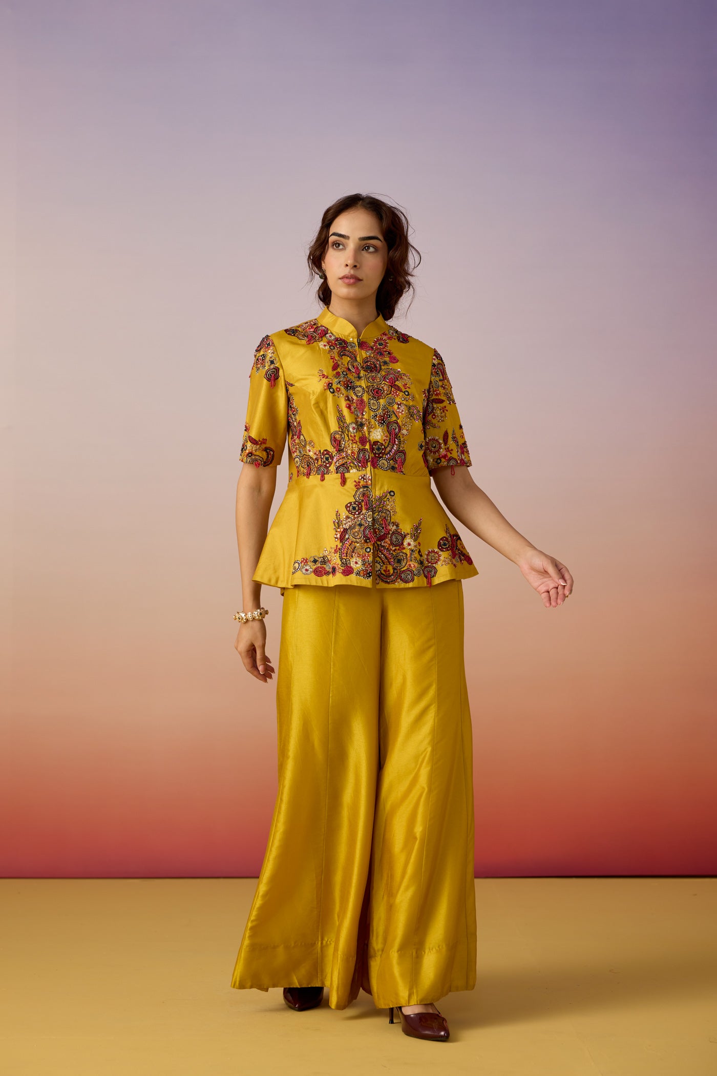 Antique Yellow Embellished Premium Silk Palazzo Set