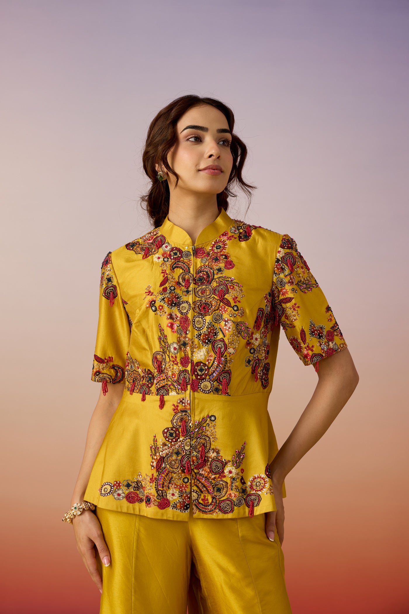 Antique Yellow Embellished Premium Silk Palazzo Set