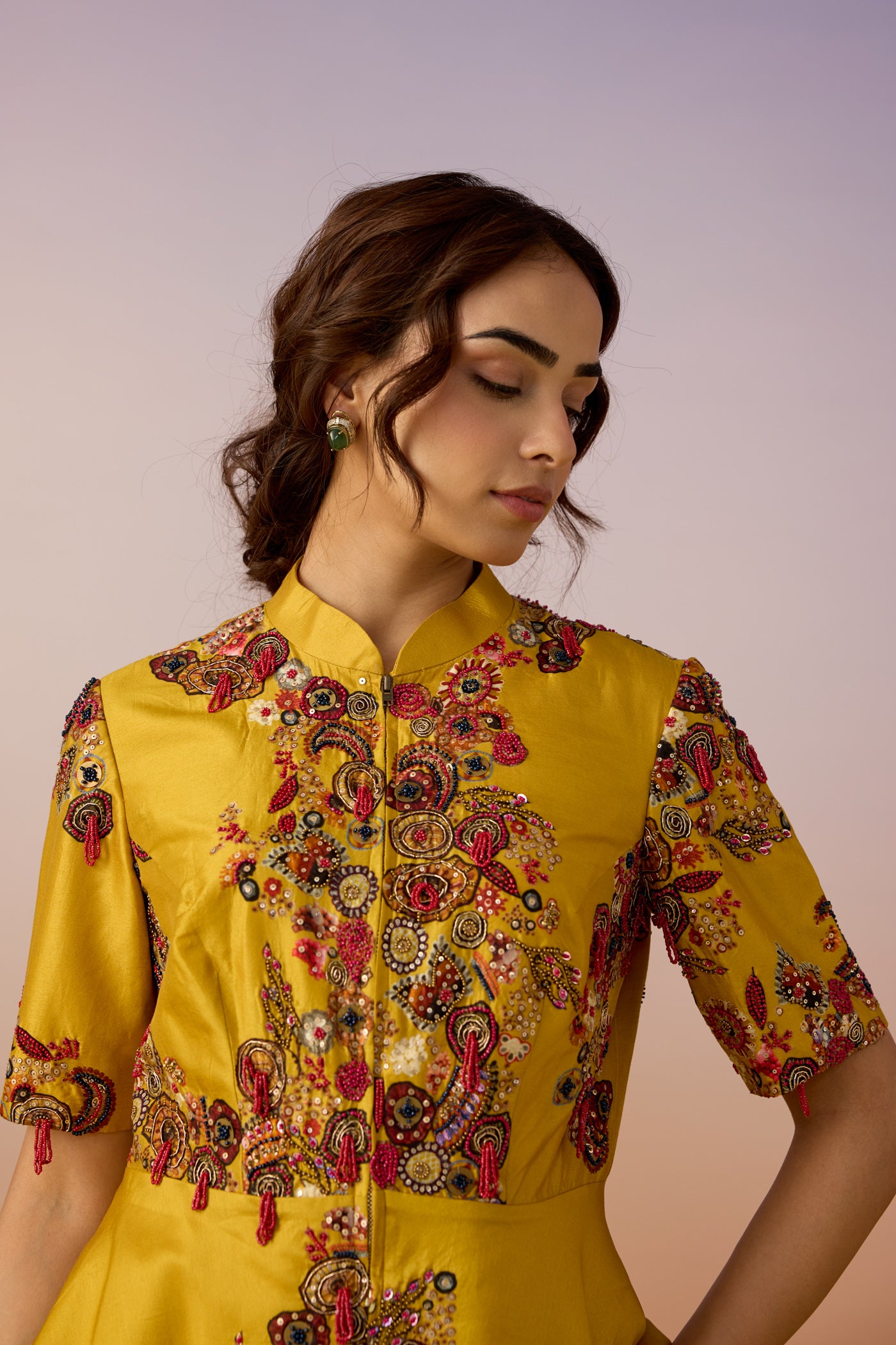 Antique Yellow Embellished Premium Silk Palazzo Set