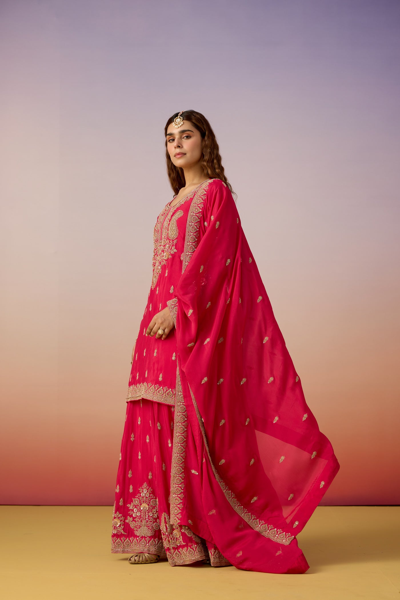 Rani Pink Embellished Chinon Silk Sharara Set