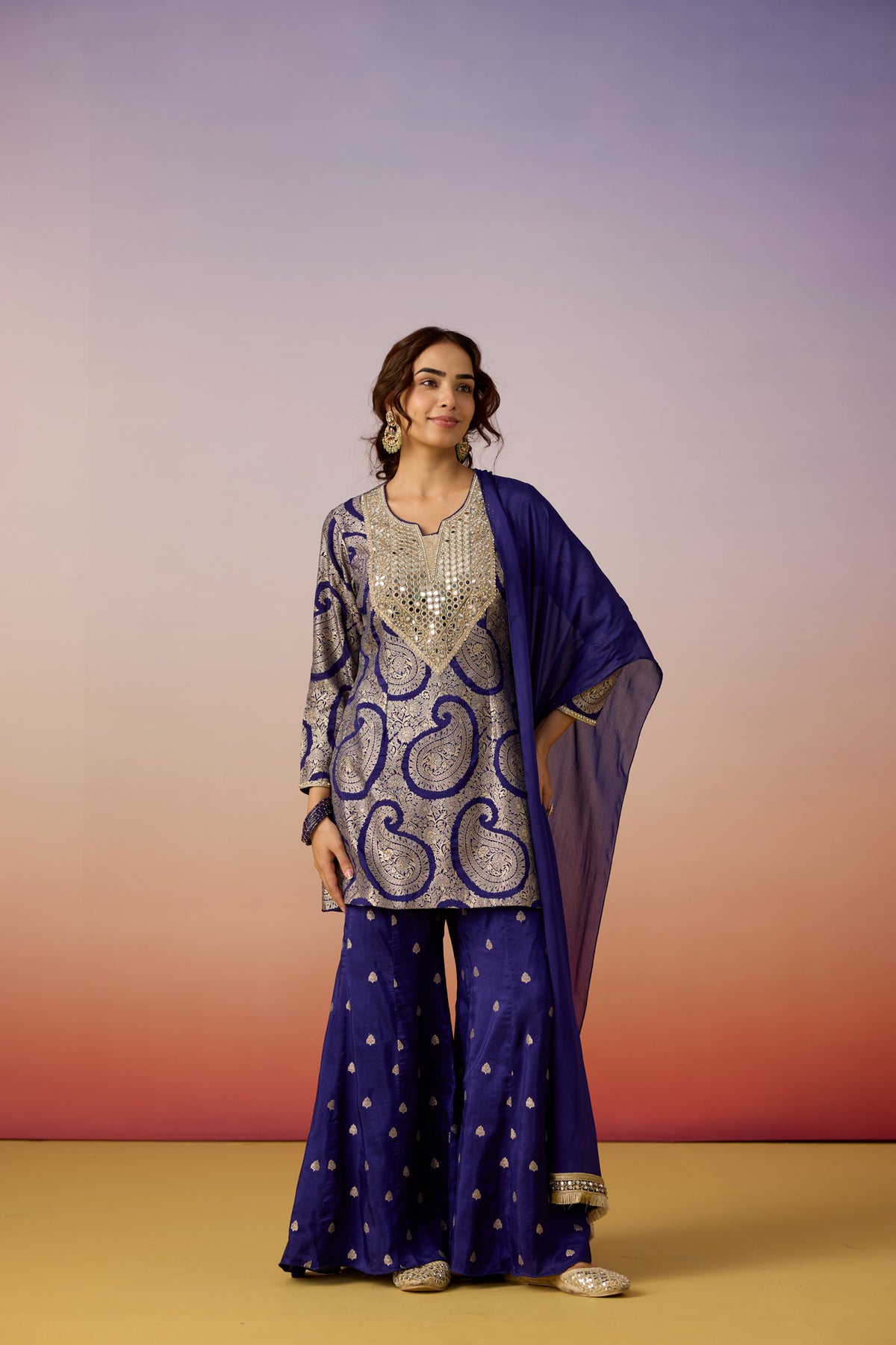 Royal Blue Embellished  Brocade Silk Palazzo Set