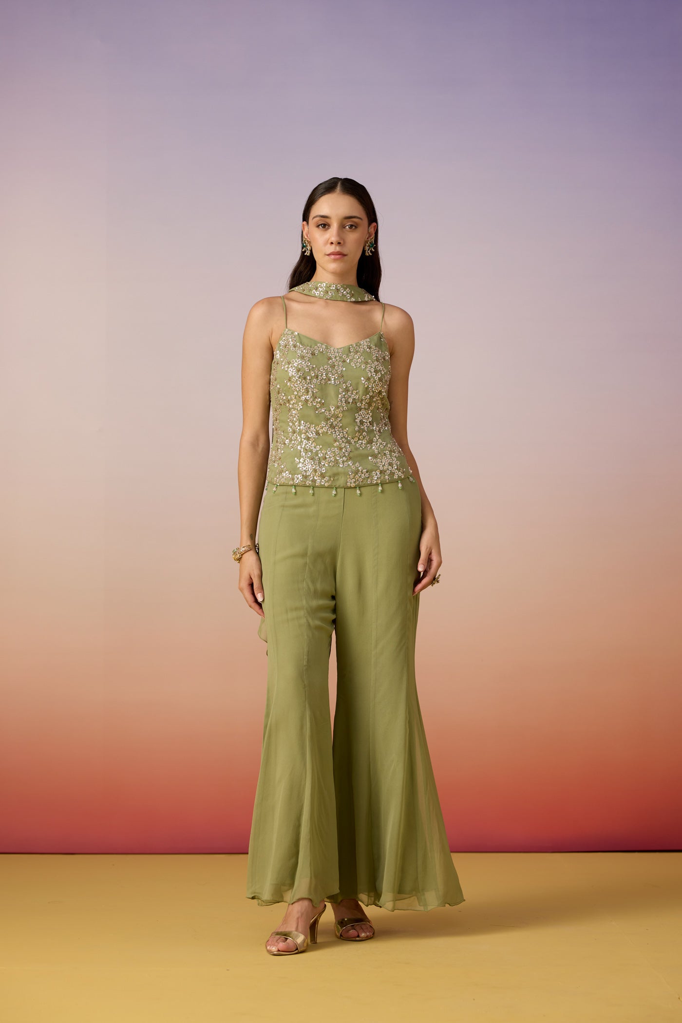 Green Pista Embellished Georgette Silk Palazzo Set