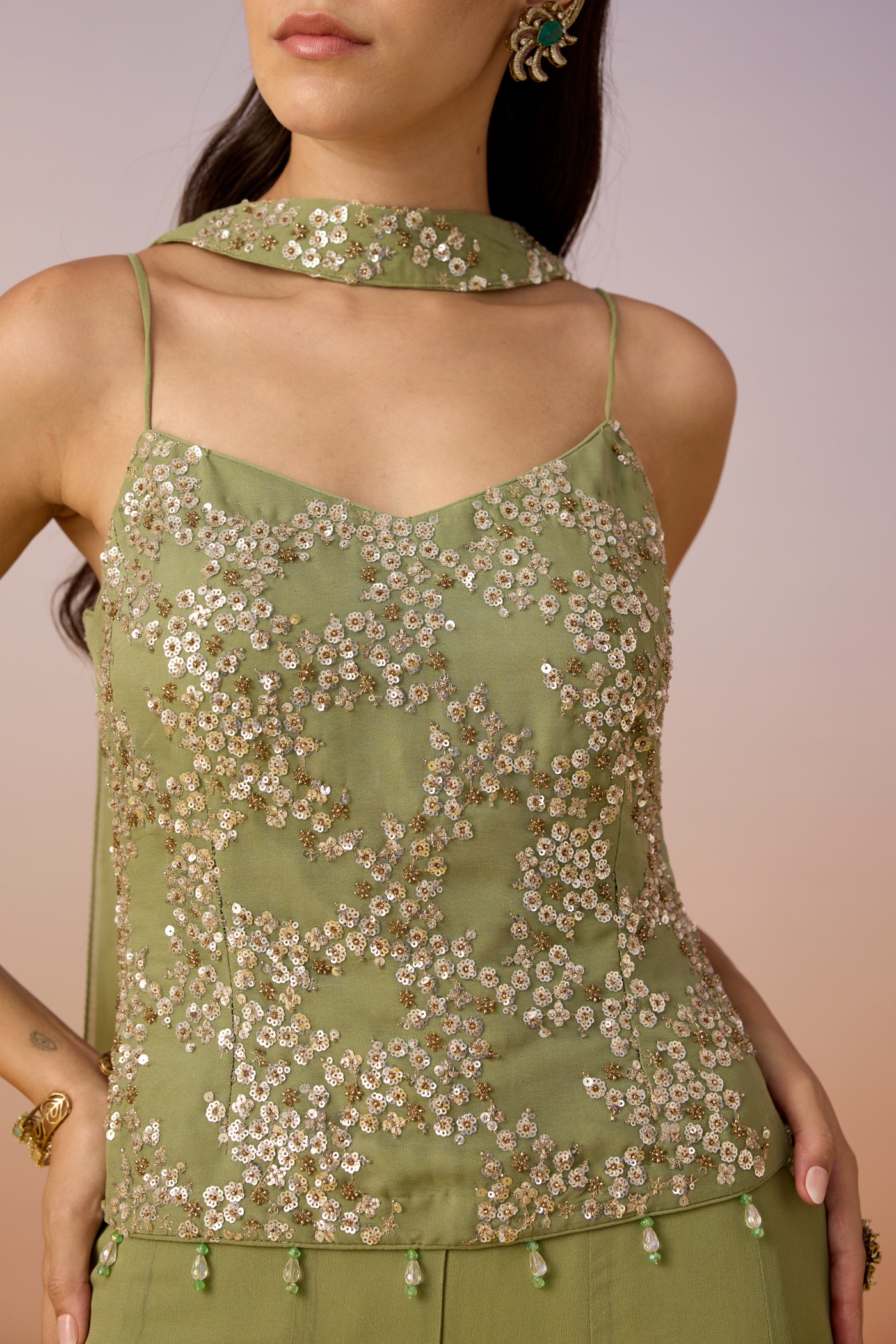 Green Pista Embellished Georgette Silk Palazzo Set