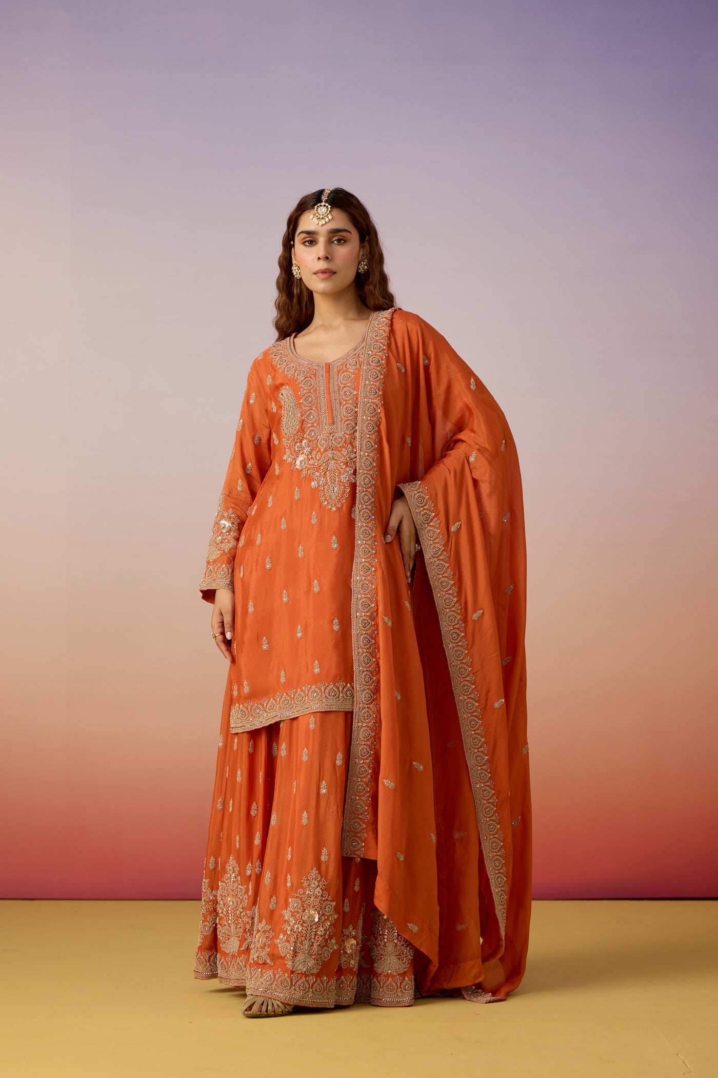 Burnt Orange Embellished Chinon Silk Sharara Set