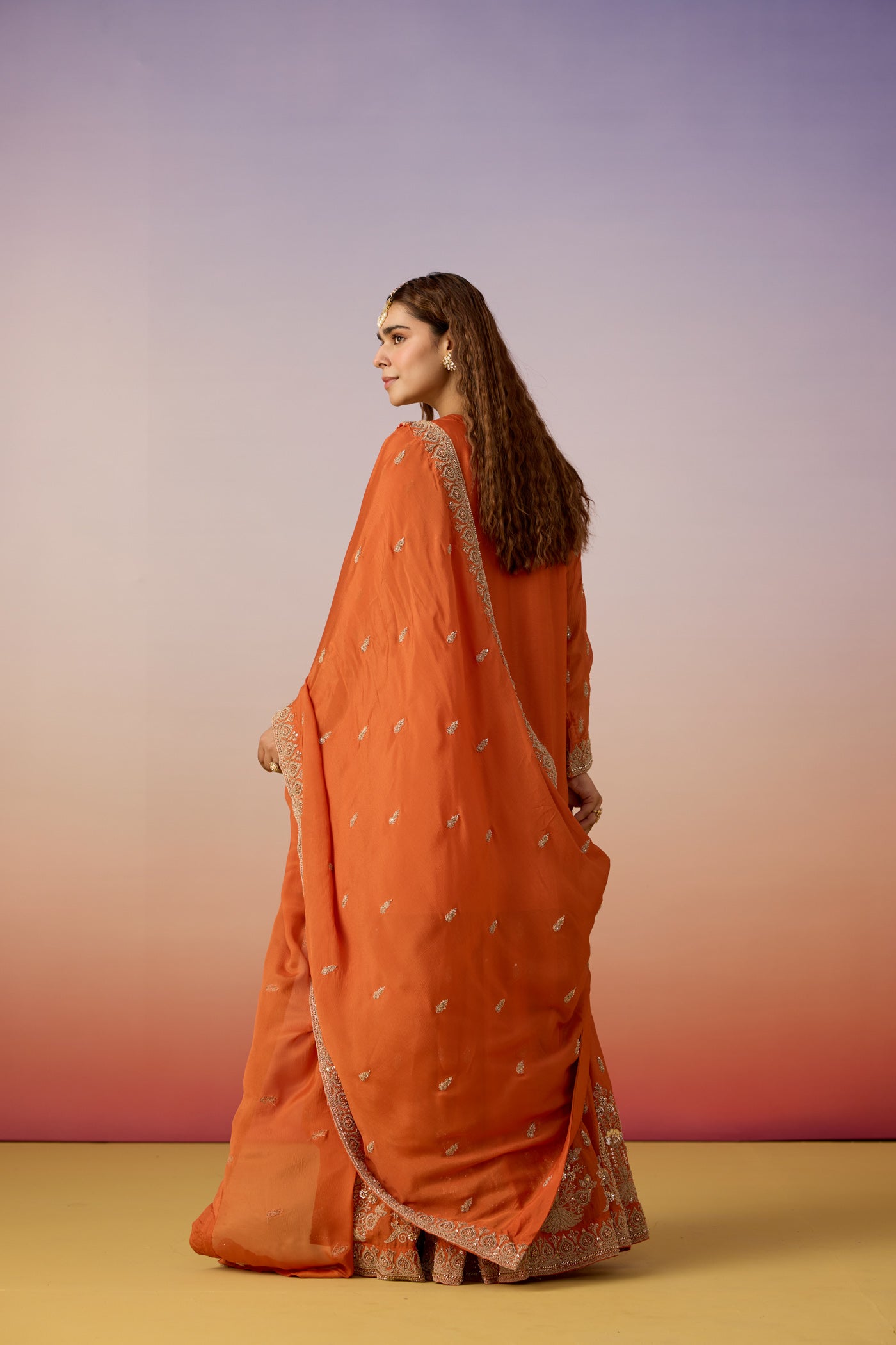 Burnt Orange Embellished Chinon Silk Sharara Set