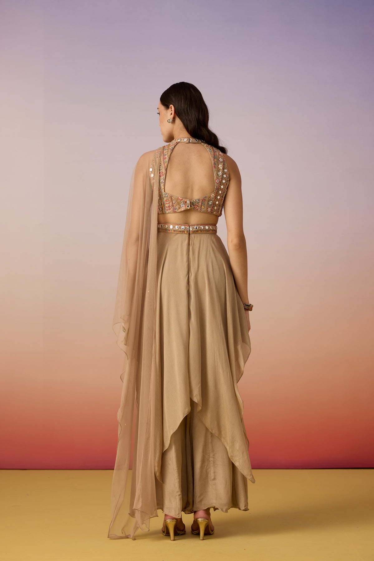Deep Beige Embellished Chinon Silk Palazzo Set